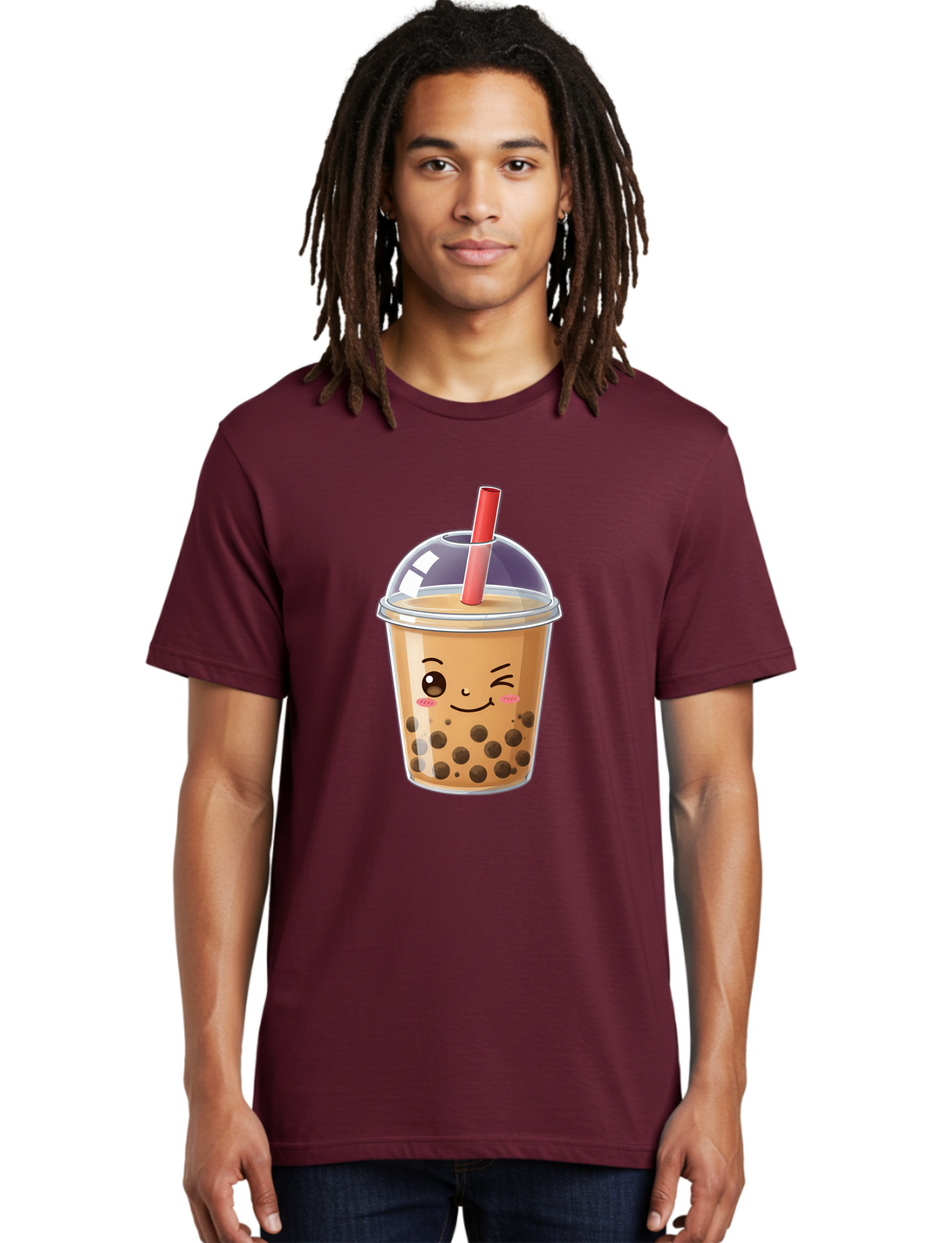 Bubble-Milk-Tea-5 Men'S Graphic Tee, 100% Cotton, Comfortable Casual Summer Wear, Machine Washable, Bubble Tea, Cute Cartoon, Milk Tea, Boba Drink, Kawaii Culture, Sweet Treats, Straw And Lid, Adorable Face, Winking Eyes, Smiling, Bac687
