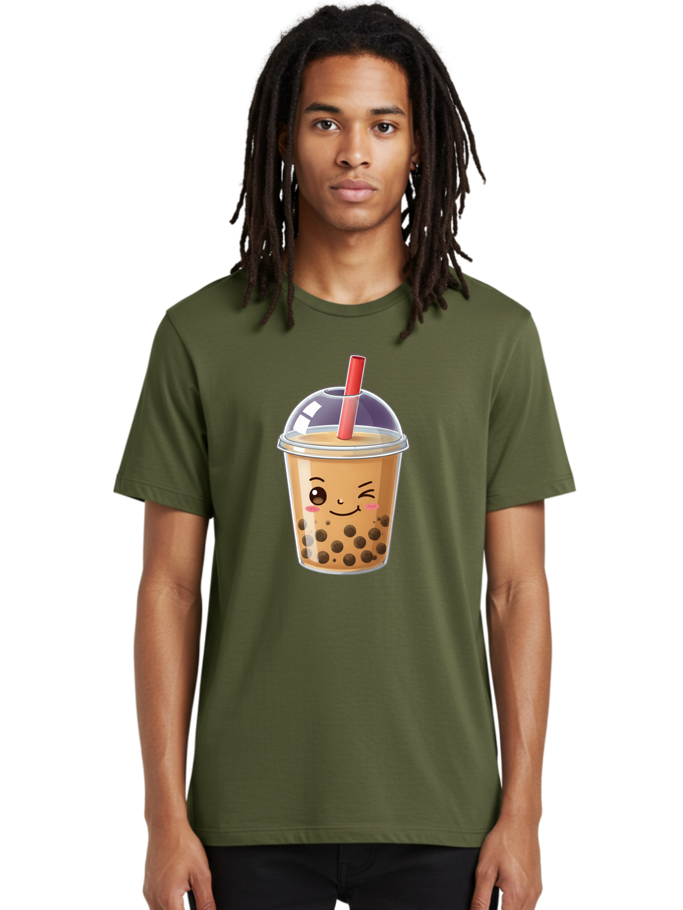 Bubble-Milk-Tea-5 Men'S Graphic Tee, 100% Cotton, Comfortable Casual Summer Wear, Machine Washable, Bubble Tea, Cute Cartoon, Milk Tea, Boba Drink, Kawaii Culture, Sweet Treats, Straw And Lid, Adorable Face, Winking Eyes, Smiling, Bac687