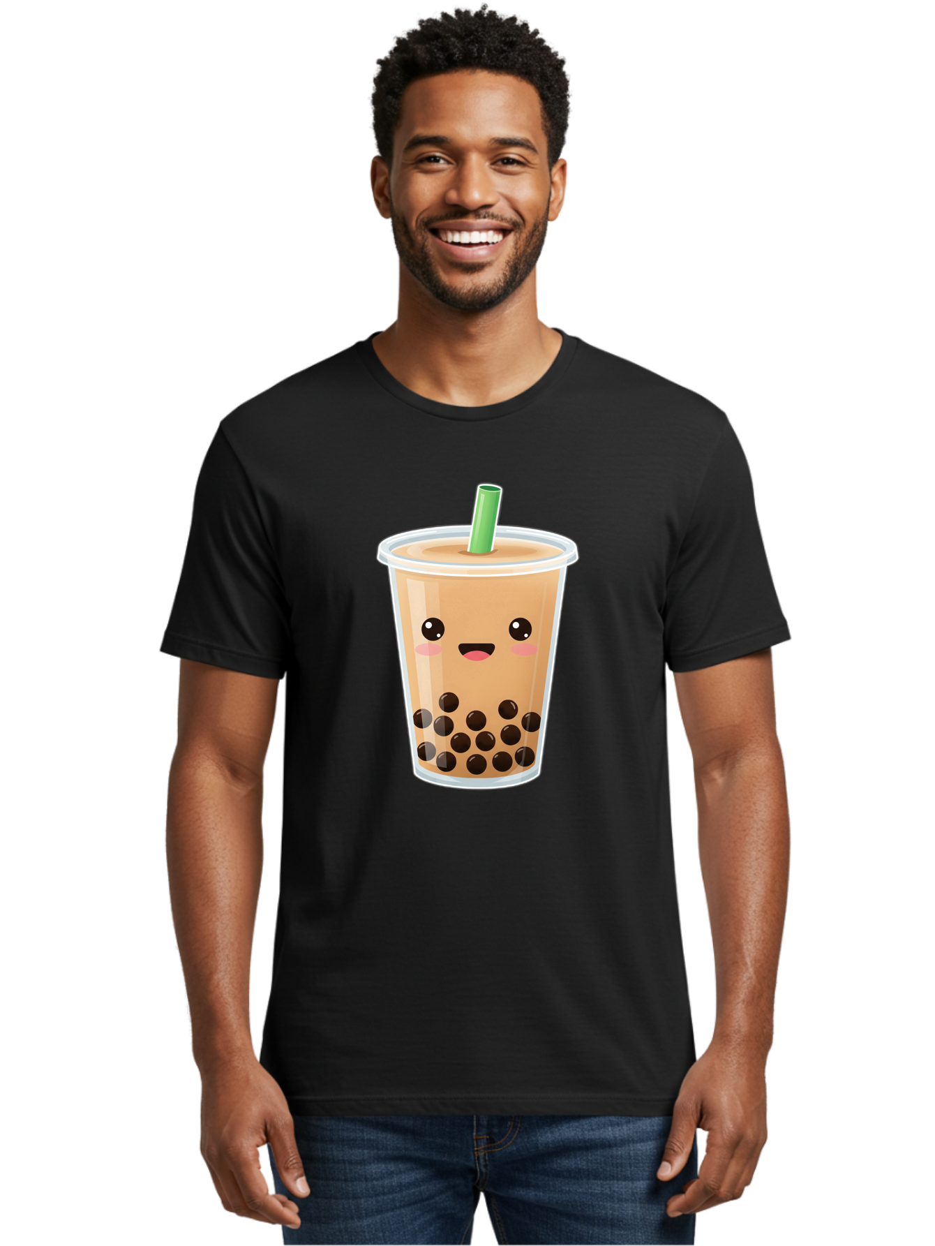 Bubble-Milk-Tea Men'S Graphic Tee, 100% Cotton, Comfortable Casual Summer Wear, Machine Washable, Bubble Tea, Boba, Milk Tea, Straw, Cartoon Character, Cute Face, Black Boba Pearls, Smiling, Kawaii, Popular Drink, Fun Design, Tasty, Bac688