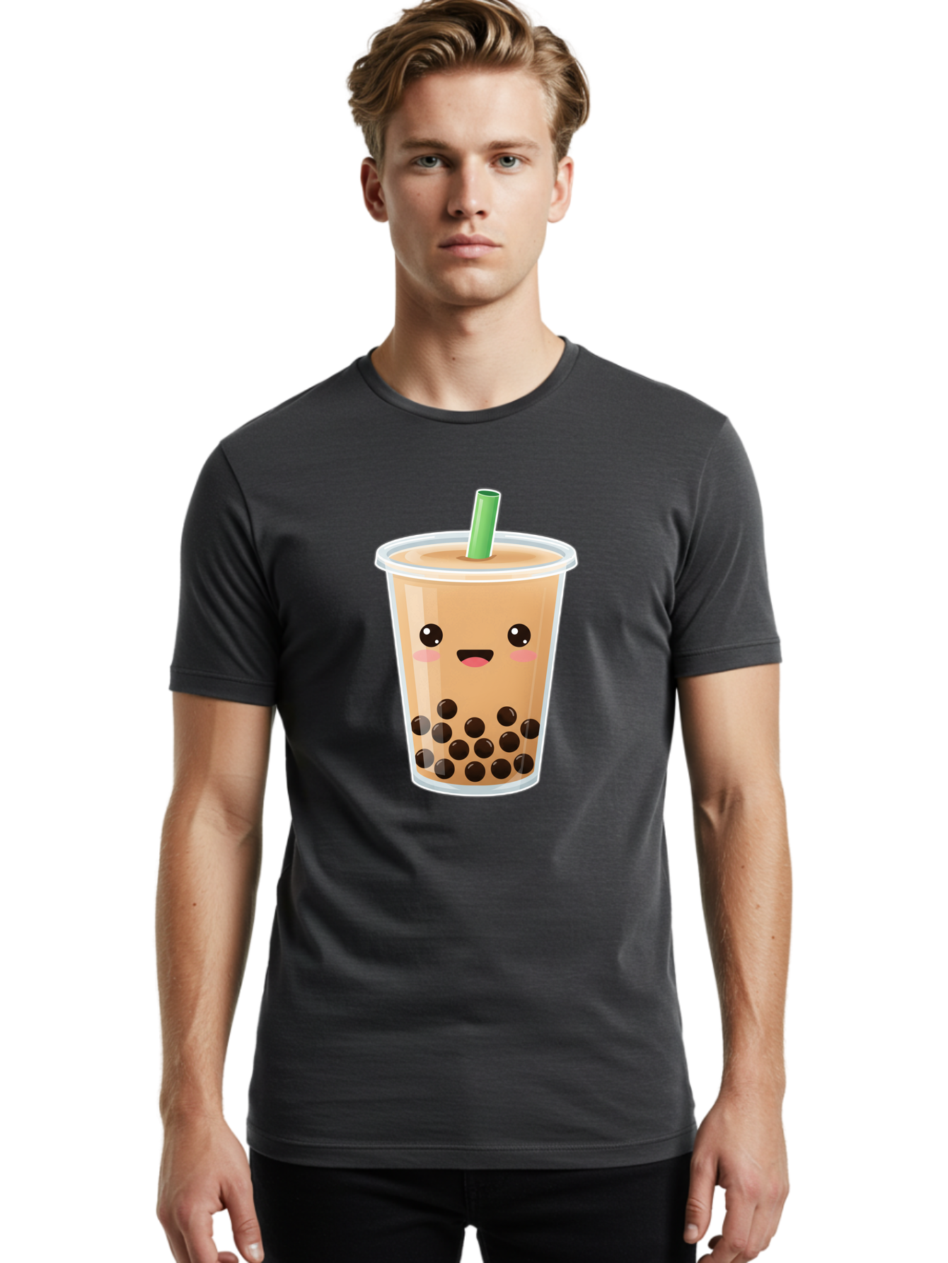 Bubble-Milk-Tea Men'S Graphic Tee, 100% Cotton, Comfortable Casual Summer Wear, Machine Washable, Bubble Tea, Boba, Milk Tea, Straw, Cartoon Character, Cute Face, Black Boba Pearls, Smiling, Kawaii, Popular Drink, Fun Design, Tasty, Bac688
