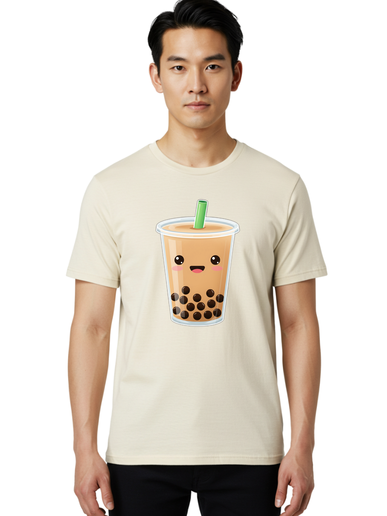 Bubble-Milk-Tea Men'S Graphic Tee, 100% Cotton, Comfortable Casual Summer Wear, Machine Washable, Bubble Tea, Boba, Milk Tea, Straw, Cartoon Character, Cute Face, Black Boba Pearls, Smiling, Kawaii, Popular Drink, Fun Design, Tasty, Bac688