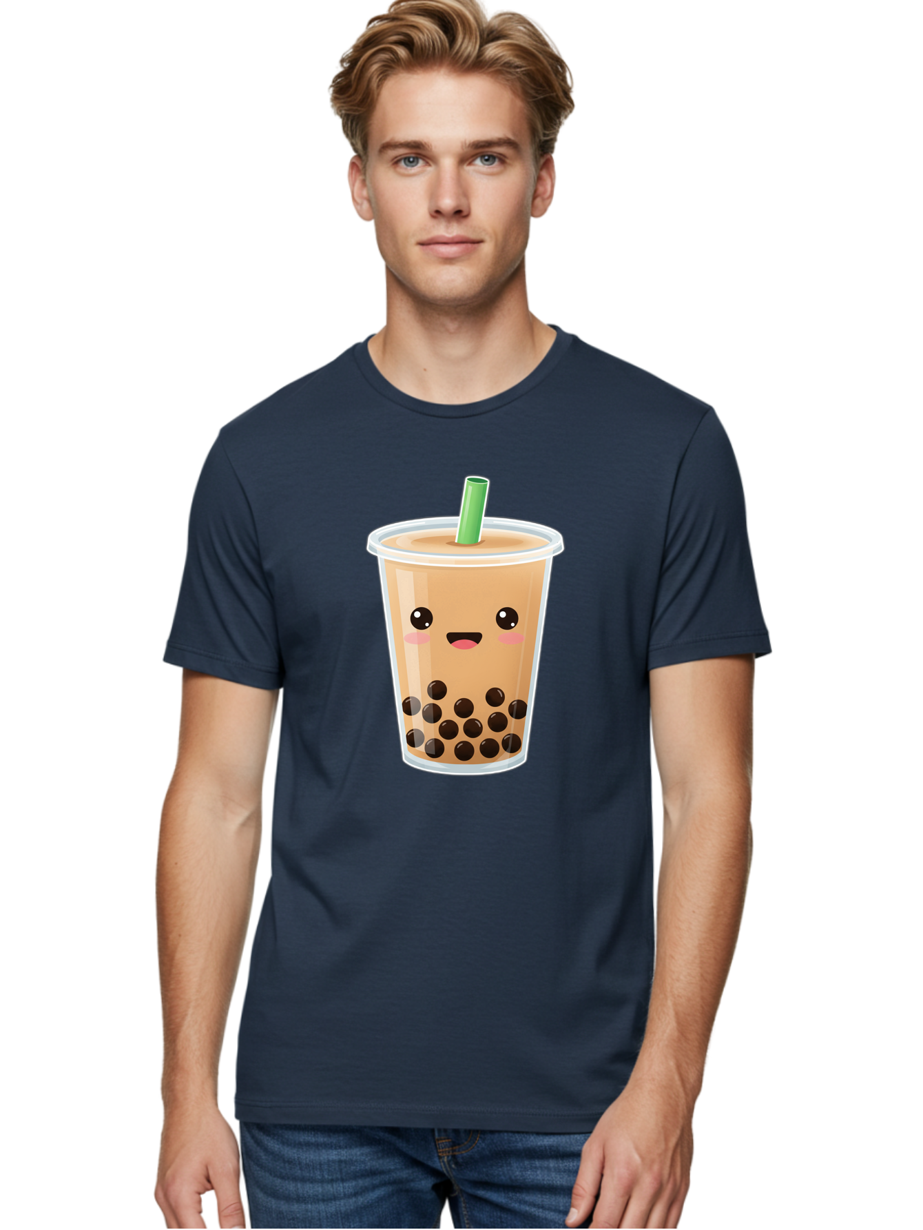 Bubble-Milk-Tea Men'S Graphic Tee, 100% Cotton, Comfortable Casual Summer Wear, Machine Washable, Bubble Tea, Boba, Milk Tea, Straw, Cartoon Character, Cute Face, Black Boba Pearls, Smiling, Kawaii, Popular Drink, Fun Design, Tasty, Bac688