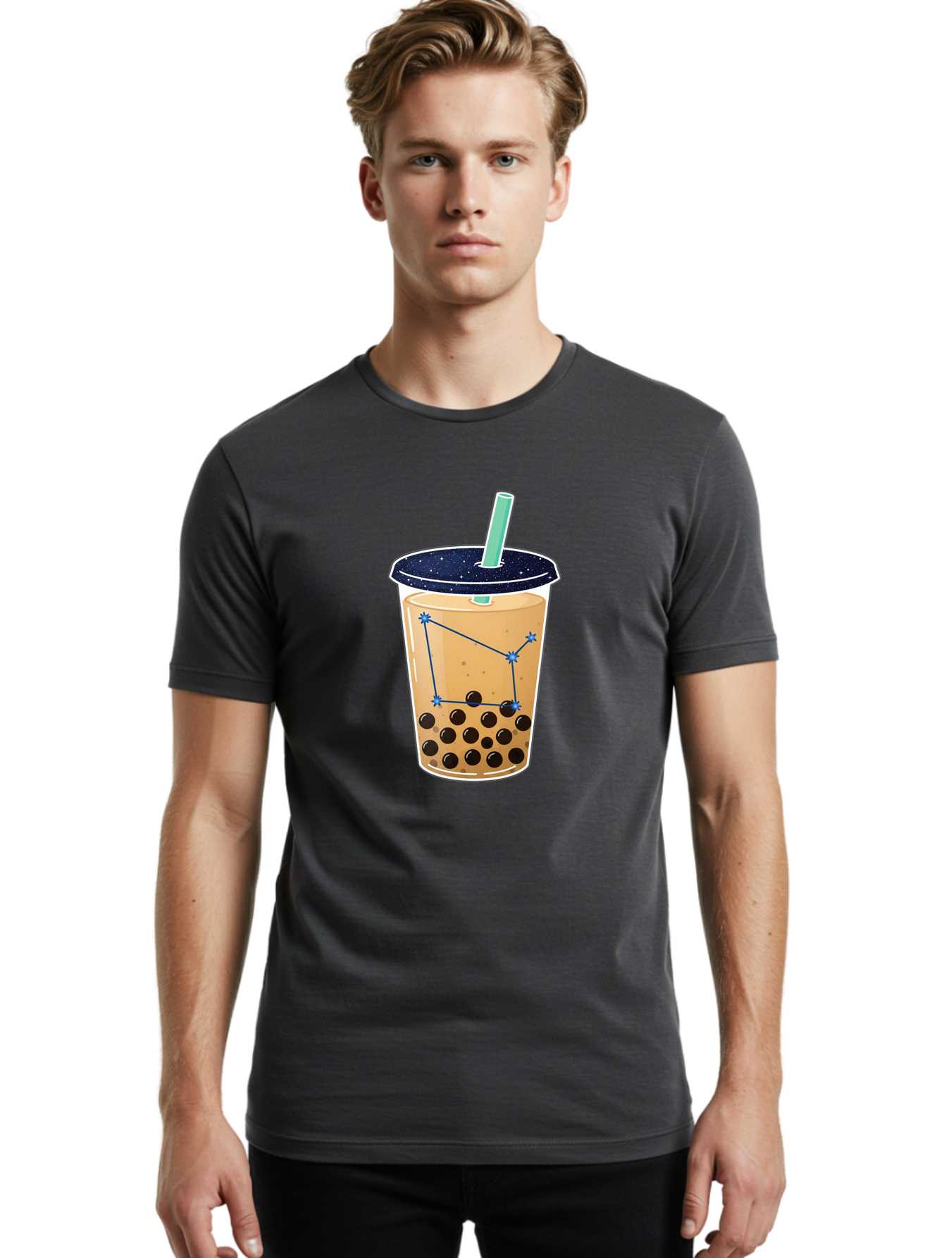 Bubble-Tea-11 Men'S Graphic Tee, 100% Cotton, Comfortable Casual Summer Wear, Machine Washable, Bubble Tea, Boba Drink, Milk Tea, Constellation Design, Starry Night, Coffee Drink, Tea Cup, Straw, Tapioca Pearls Bac691