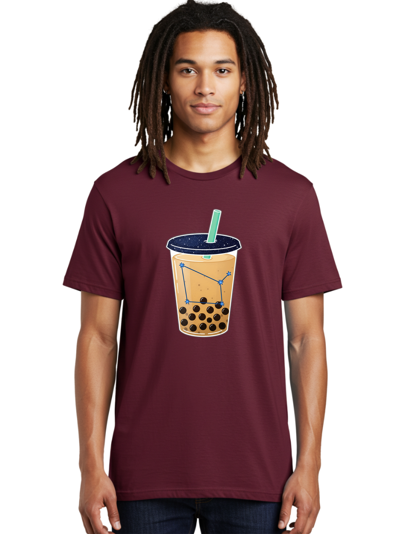Bubble-Tea-11 Men'S Graphic Tee, 100% Cotton, Comfortable Casual Summer Wear, Machine Washable, Bubble Tea, Boba Drink, Milk Tea, Constellation Design, Starry Night, Coffee Drink, Tea Cup, Straw, Tapioca Pearls Bac691