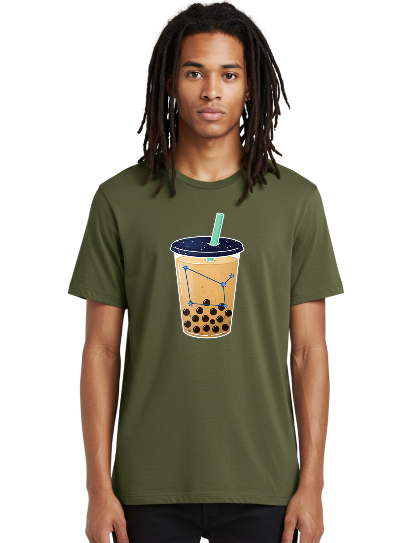 Bubble-Tea-11 Men'S Graphic Tee, 100% Cotton, Comfortable Casual Summer Wear, Machine Washable, Bubble Tea, Boba Drink, Milk Tea, Constellation Design, Starry Night, Coffee Drink, Tea Cup, Straw, Tapioca Pearls Bac691