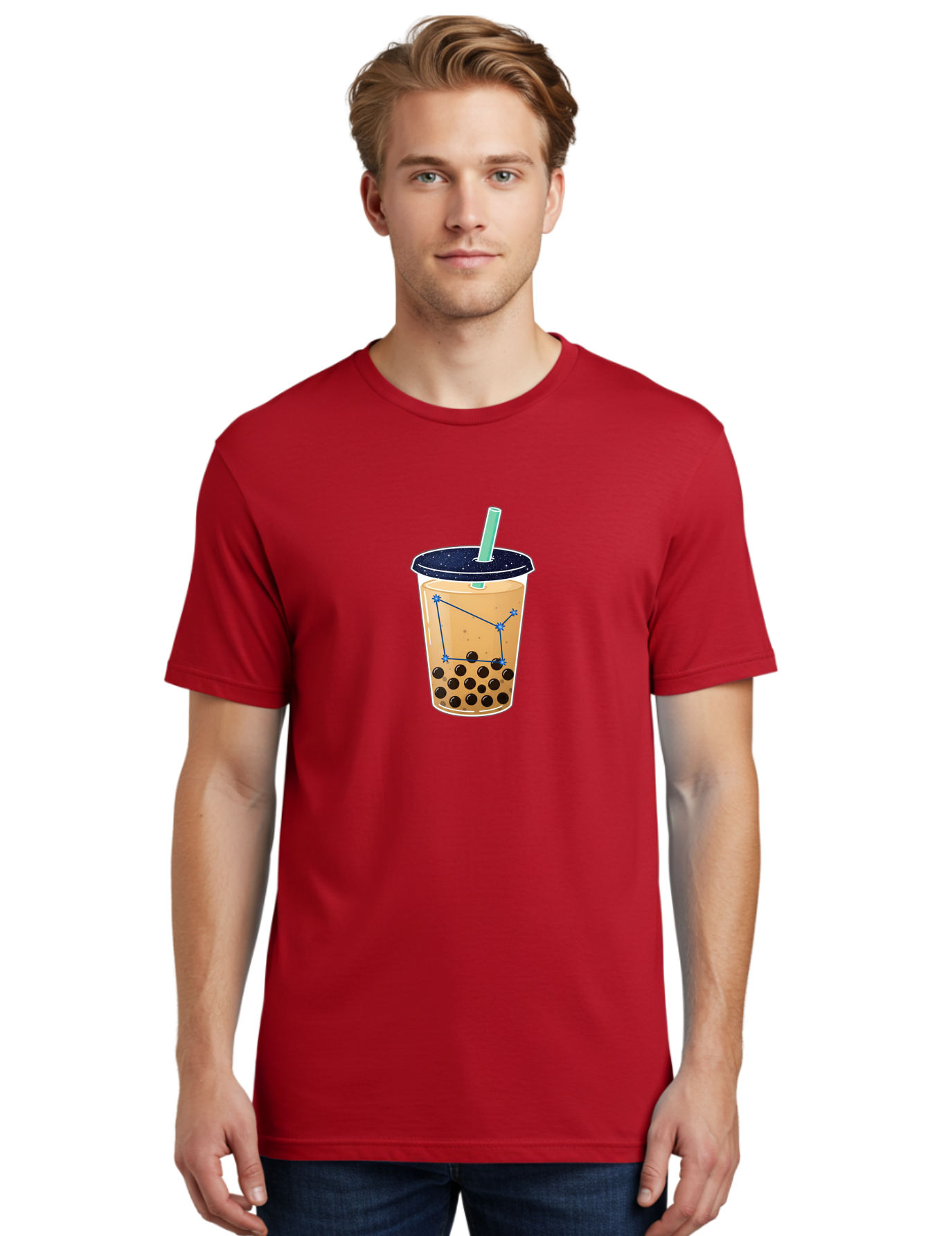Bubble-Tea-11 Men'S Graphic Tee, 100% Cotton, Comfortable Casual Summer Wear, Machine Washable, Bubble Tea, Boba Drink, Milk Tea, Constellation Design, Starry Night, Coffee Drink, Tea Cup, Straw, Tapioca Pearls Bac691