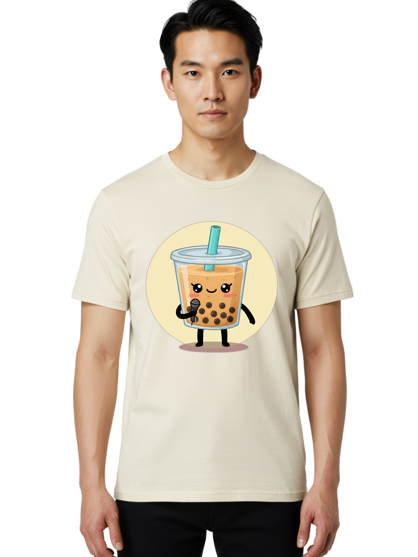 Bubble-Tea-12 Men'S Graphic Tee, 100% Cotton, Comfortable Casual Summer Wear, Machine Washable, Cartoon Bubble Tea, Adorable Character, Kawaii, Cute Illustration, Boba Drink, Microphone, Straw, Charming Personality, Fun Design, Playful Vibe, Bac692