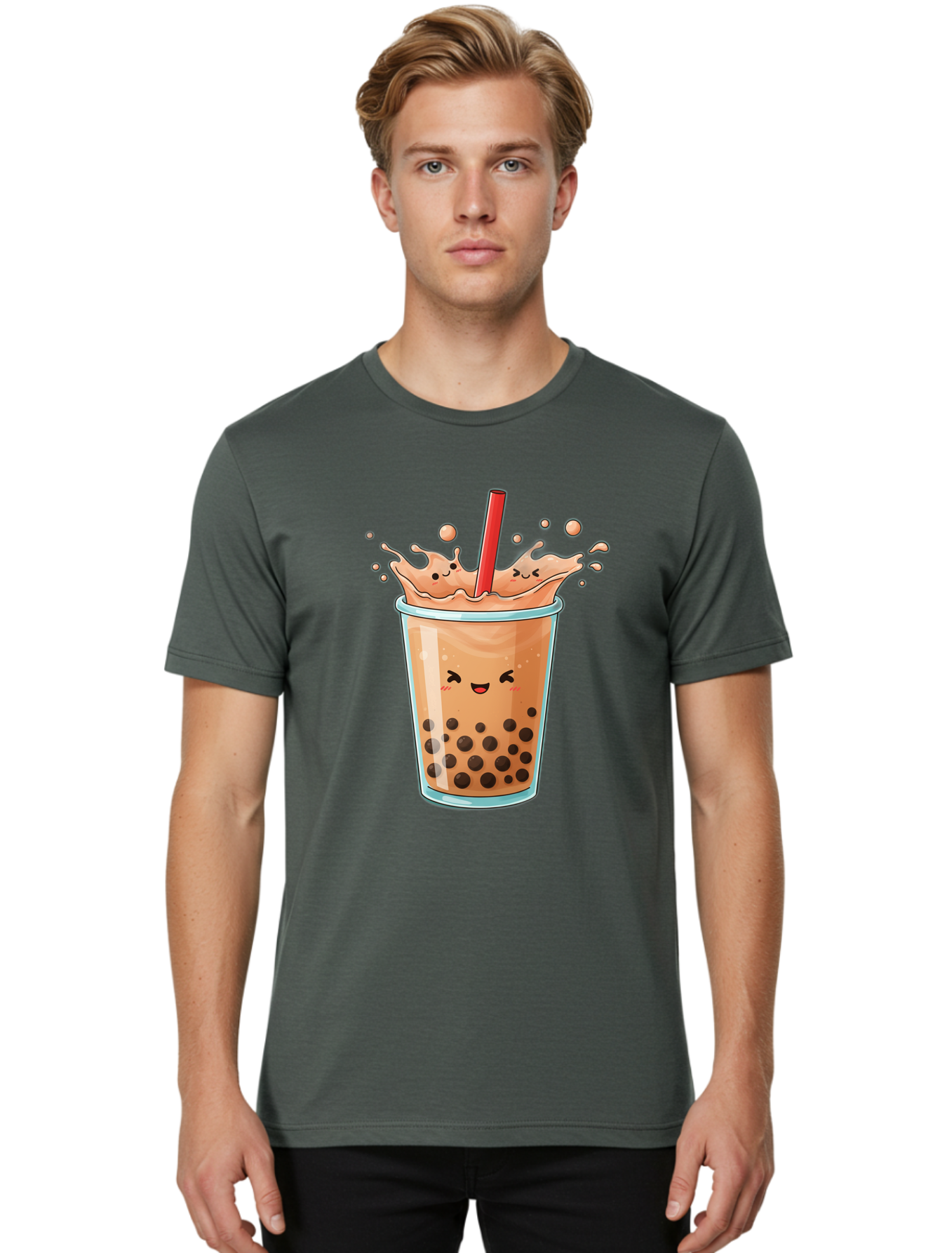 Bubble-Tea-17 Men'S Graphic Tee, 100% Cotton, Comfortable Casual Summer Wear, Machine Washable, Boba Tea With Straw, Cartoon Bubble Tea, Milk Tea With Bubbles, Cute Drink, Boba Drink, Tapioca Pearls, Kawaii Bubble Tea, Smiling Tea Bac697