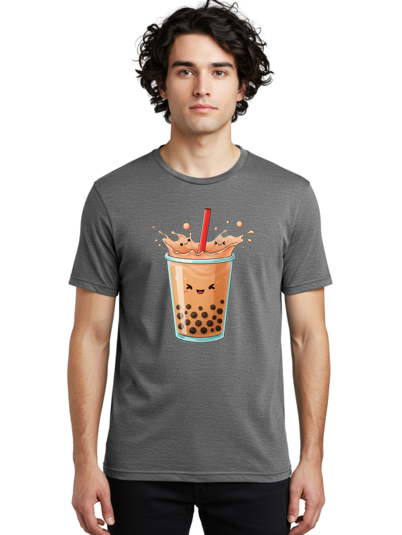 Bubble-Tea-17 Men'S Graphic Tee, 100% Cotton, Comfortable Casual Summer Wear, Machine Washable, Boba Tea With Straw, Cartoon Bubble Tea, Milk Tea With Bubbles, Cute Drink, Boba Drink, Tapioca Pearls, Kawaii Bubble Tea, Smiling Tea Bac697