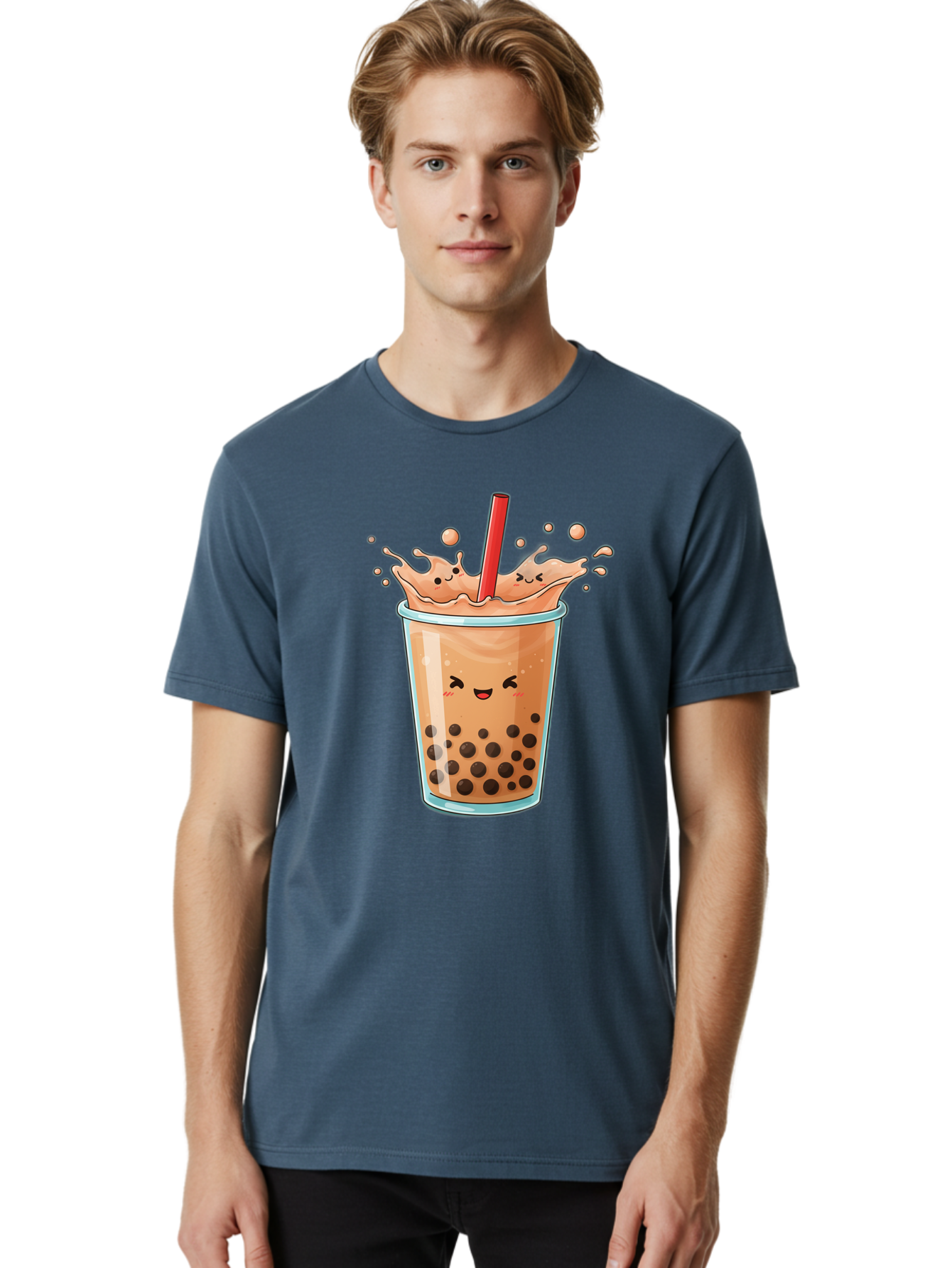 Bubble-Tea-17 Men'S Graphic Tee, 100% Cotton, Comfortable Casual Summer Wear, Machine Washable, Boba Tea With Straw, Cartoon Bubble Tea, Milk Tea With Bubbles, Cute Drink, Boba Drink, Tapioca Pearls, Kawaii Bubble Tea, Smiling Tea Bac697