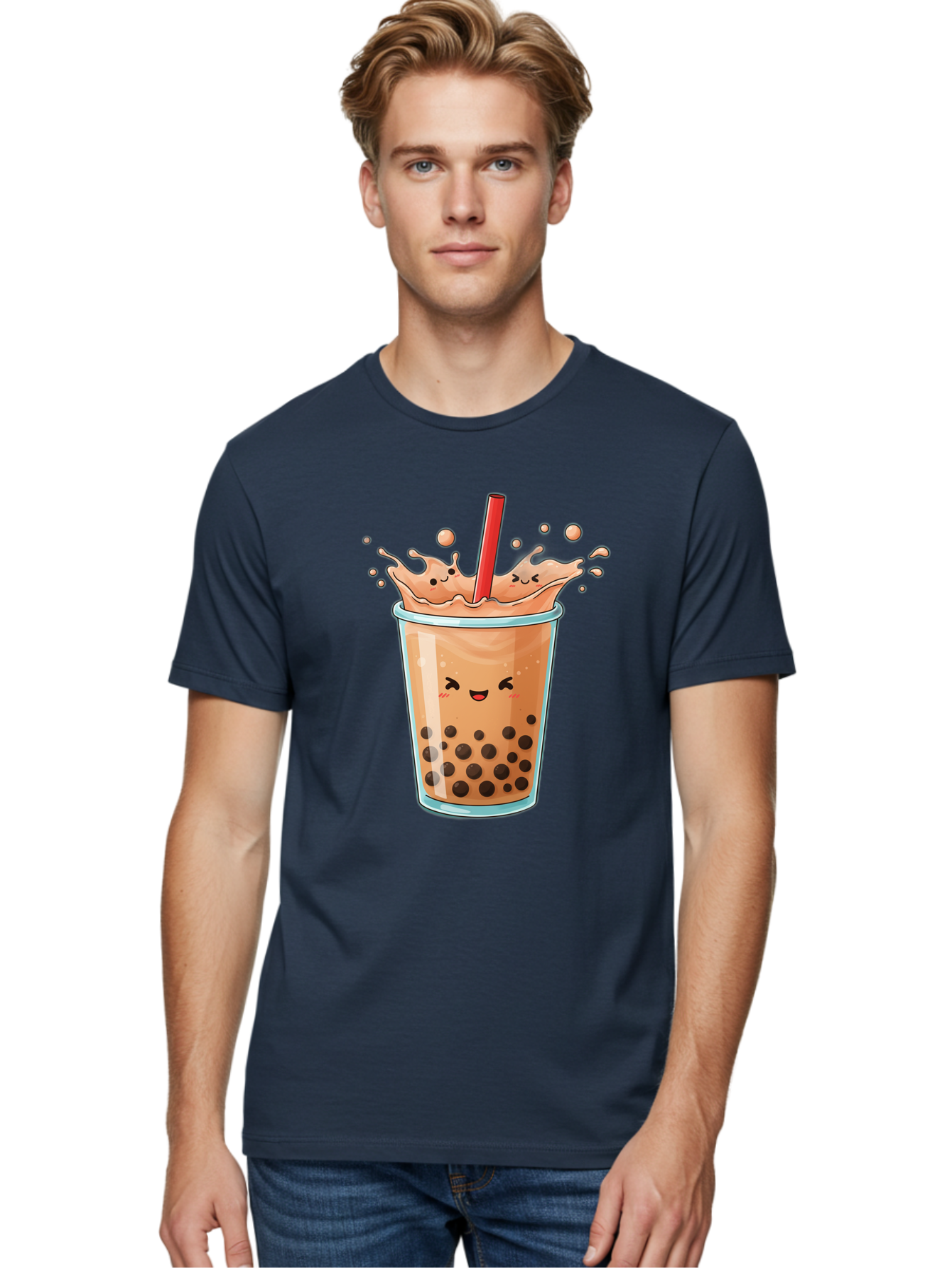 Bubble-Tea-17 Men'S Graphic Tee, 100% Cotton, Comfortable Casual Summer Wear, Machine Washable, Boba Tea With Straw, Cartoon Bubble Tea, Milk Tea With Bubbles, Cute Drink, Boba Drink, Tapioca Pearls, Kawaii Bubble Tea, Smiling Tea Bac697