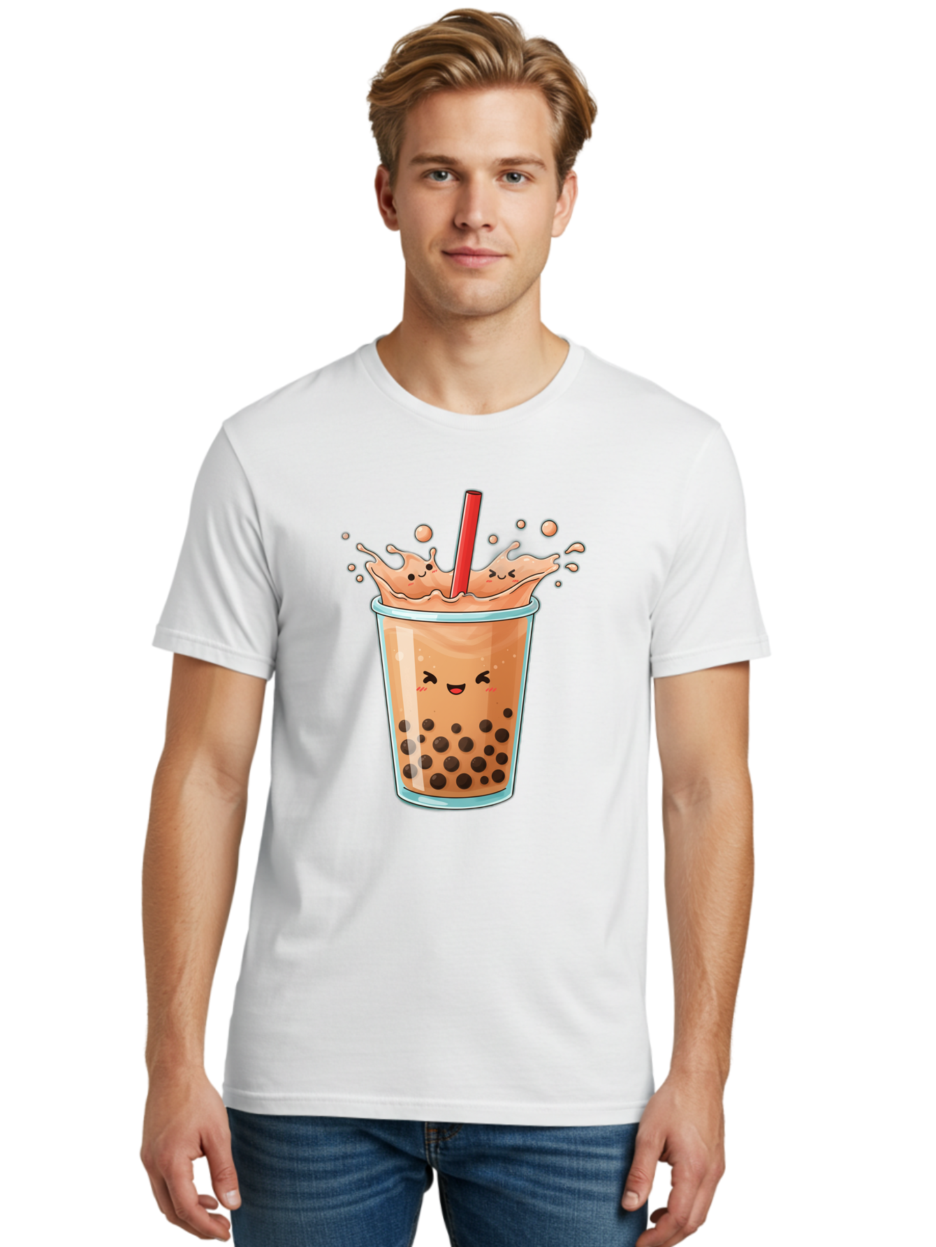 Bubble-Tea-17 Men'S Graphic Tee, 100% Cotton, Comfortable Casual Summer Wear, Machine Washable, Boba Tea With Straw, Cartoon Bubble Tea, Milk Tea With Bubbles, Cute Drink, Boba Drink, Tapioca Pearls, Kawaii Bubble Tea, Smiling Tea Bac697