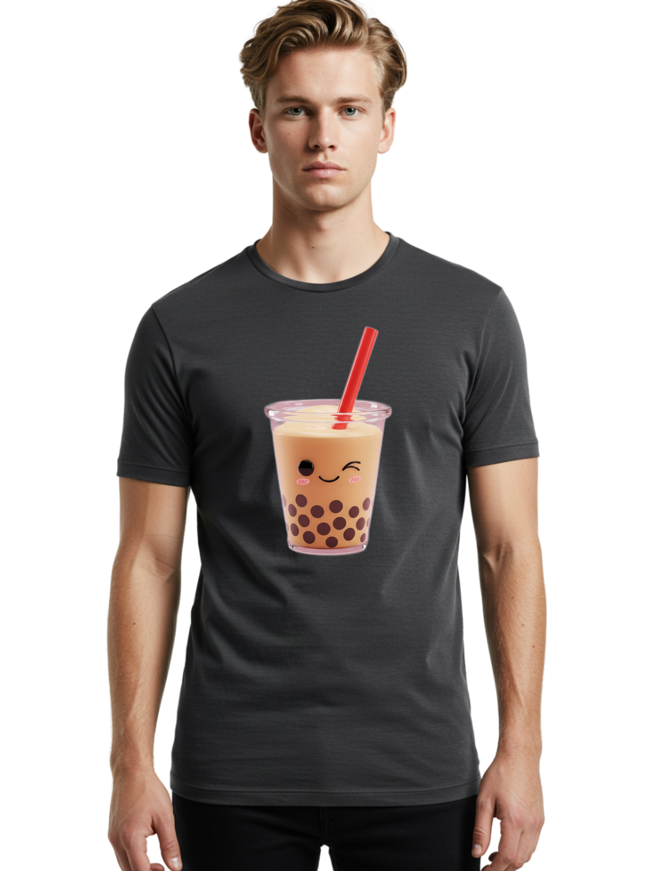 Bubble-Tea-19 Men'S Graphic Tee, 100% Cotton, Comfortable Casual Summer Wear, Machine Washable, Bubble Tea, Boba Tea, Milk Tea, Tapioca Pearls, Kawaii, Cute Drink, Tea Drink, Red Straw, Smiling Face, Adorable Beverage, Trendy Drink Bac699