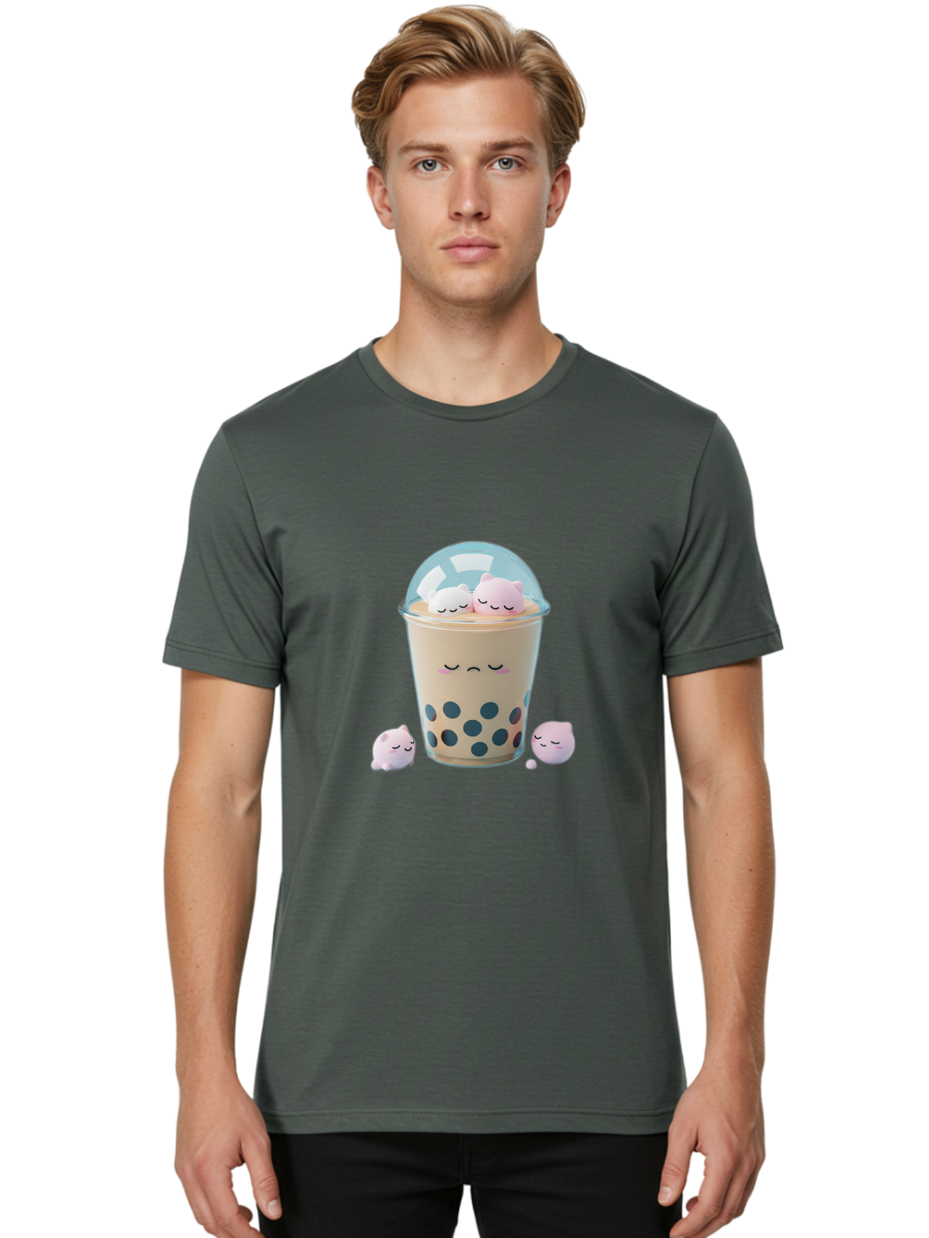 Bubble-Tea-2 Men'S Graphic Tee, 100% Cotton, Comfortable Casual Summer Wear, Machine Washable, Bubble Tea Drink, Milk Tea, Boba, Cute Beverage, Cartoon Illustration, Adorable Characters, Smiling Faces, Peaceful Atmosphere, Sweet Treats, Bac700