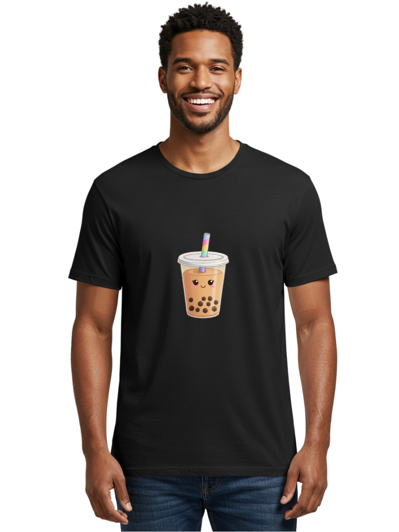 Bubble-Tea-4 Men'S Graphic Tee, 100% Cotton, Comfortable Casual Summer Wear, Machine Washable, Cute Boba Drink, Bubble Tea, Kawaii, Cartoon Beverage, Fun Straw, Adorable Face, Milk Tea, Tapioca Pearls, Smiling Drink, Playful Beverage, Bac706