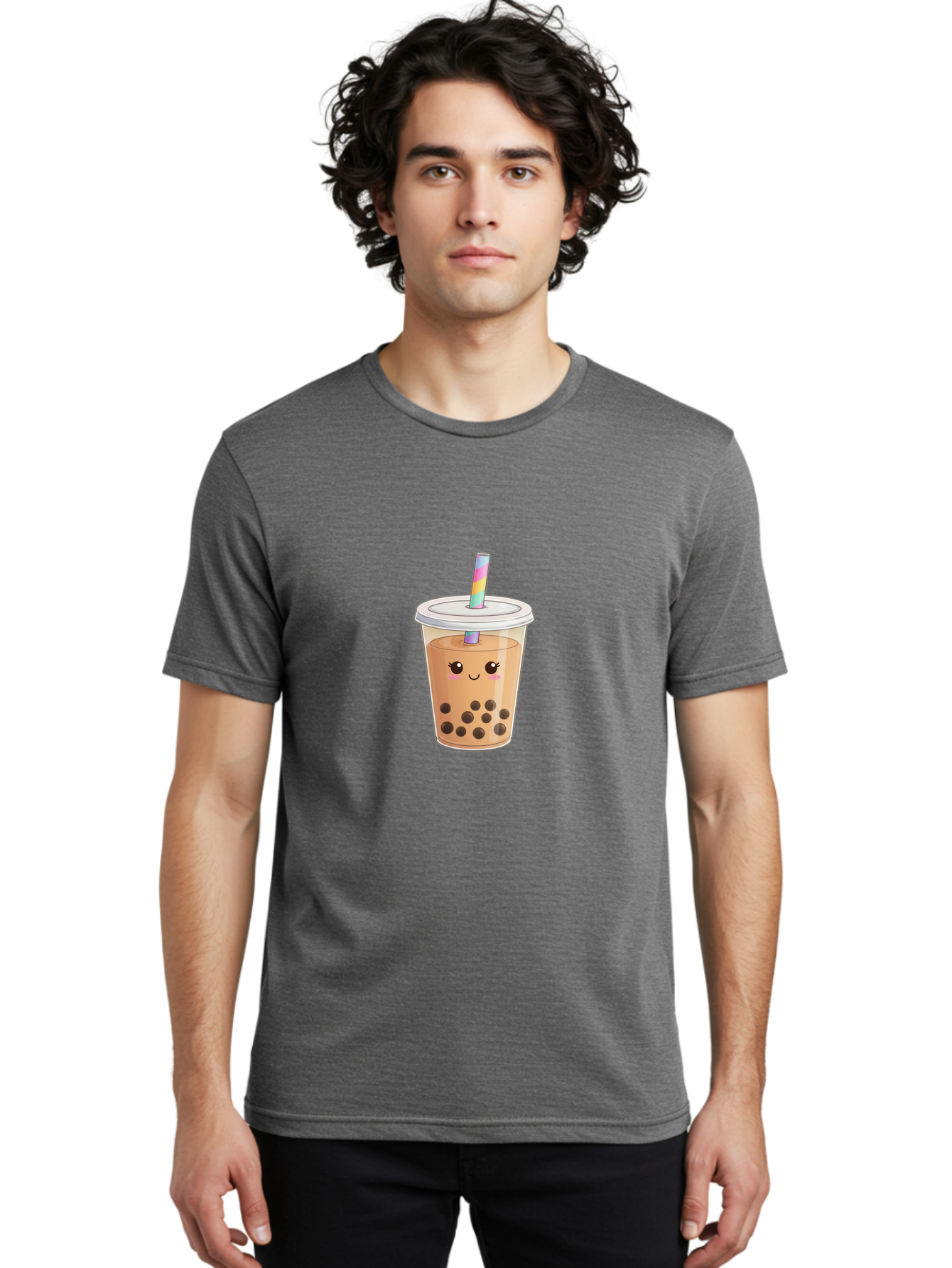 Bubble-Tea-4 Men'S Graphic Tee, 100% Cotton, Comfortable Casual Summer Wear, Machine Washable, Cute Boba Drink, Bubble Tea, Kawaii, Cartoon Beverage, Fun Straw, Adorable Face, Milk Tea, Tapioca Pearls, Smiling Drink, Playful Beverage, Bac706