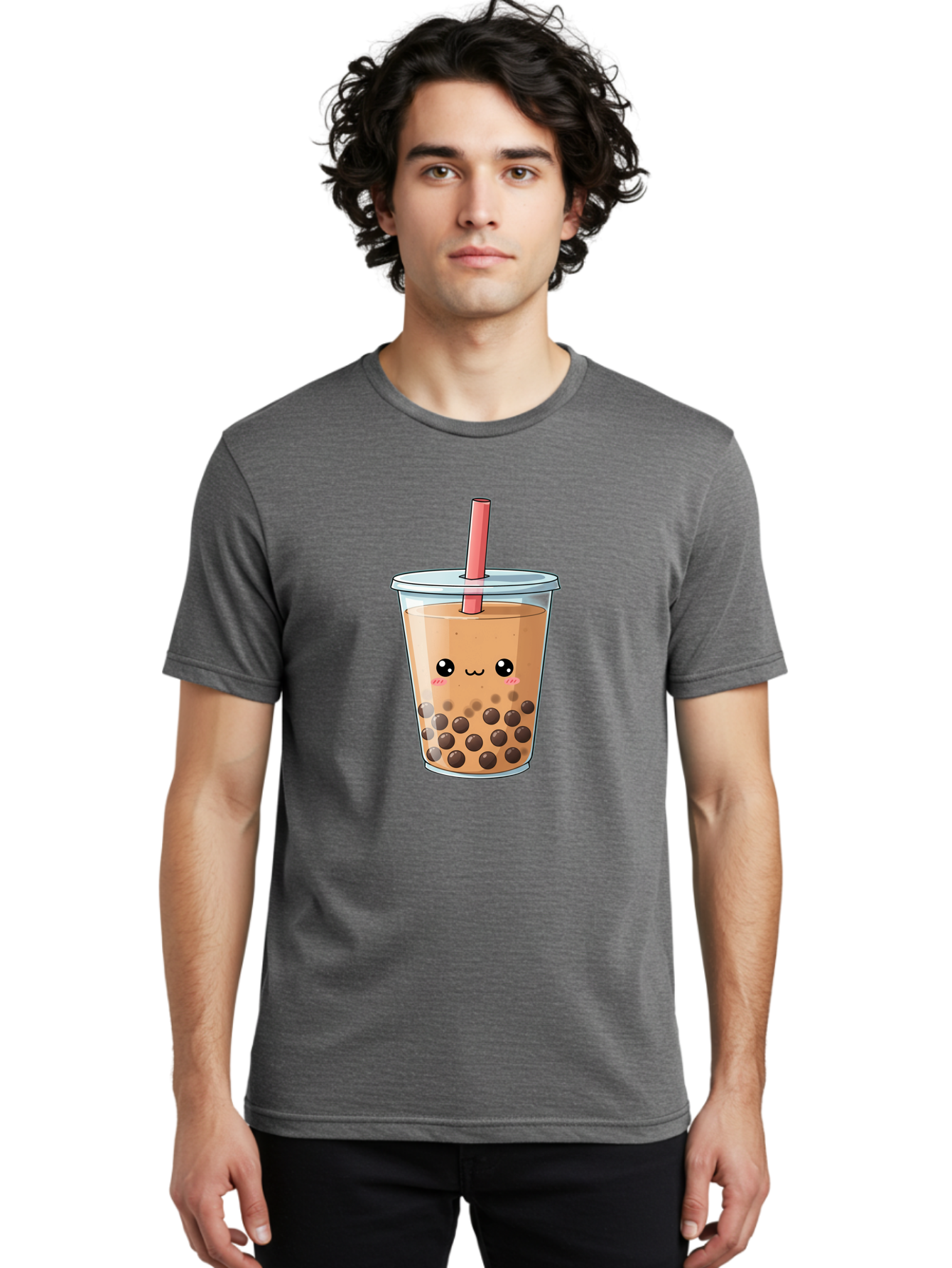 Bubble-Tea-5 Men'S Graphic Tee, 100% Cotton, Comfortable Casual Summer Wear, Machine Washable, Boba Tea, Milk Tea, Bubble Tea, Cute Drink, Cartoon Character, Adorable Face, Happy Expression, Brown Bubbles, Pink Straw, Iced Tea, Tea Culture, Bac707