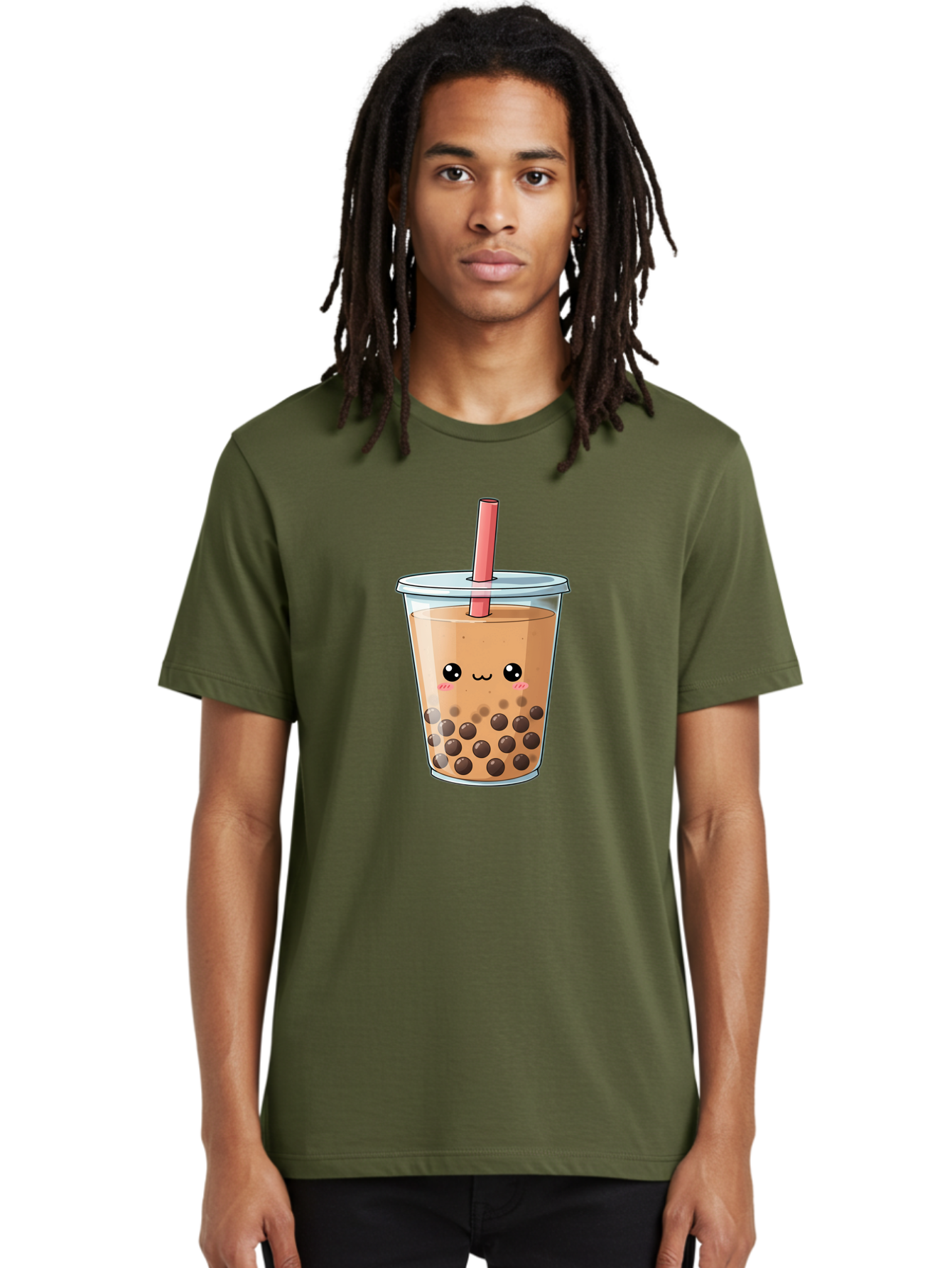Bubble-Tea-5 Men'S Graphic Tee, 100% Cotton, Comfortable Casual Summer Wear, Machine Washable, Boba Tea, Milk Tea, Bubble Tea, Cute Drink, Cartoon Character, Adorable Face, Happy Expression, Brown Bubbles, Pink Straw, Iced Tea, Tea Culture, Bac707