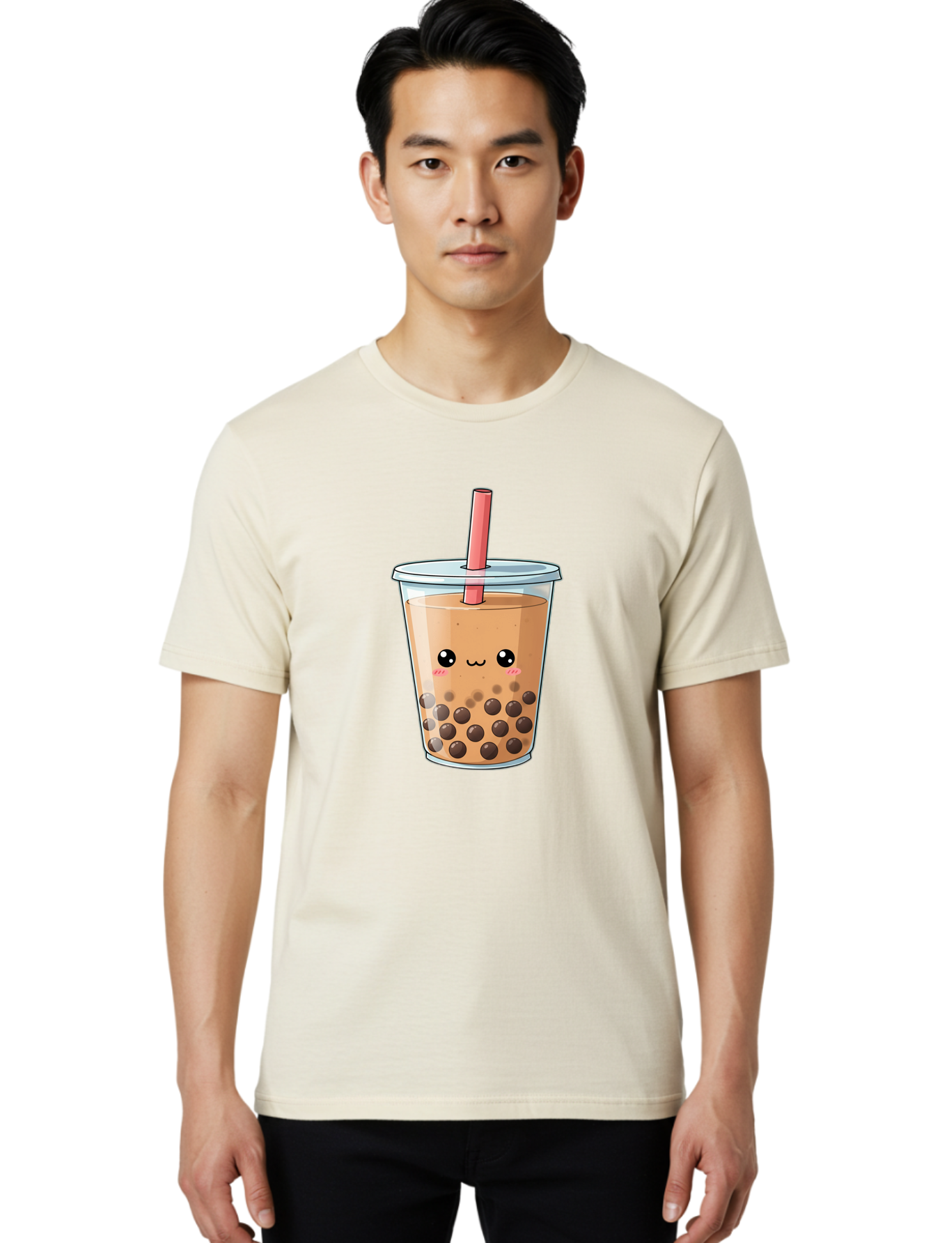 Bubble-Tea-5 Men'S Graphic Tee, 100% Cotton, Comfortable Casual Summer Wear, Machine Washable, Boba Tea, Milk Tea, Bubble Tea, Cute Drink, Cartoon Character, Adorable Face, Happy Expression, Brown Bubbles, Pink Straw, Iced Tea, Tea Culture, Bac707
