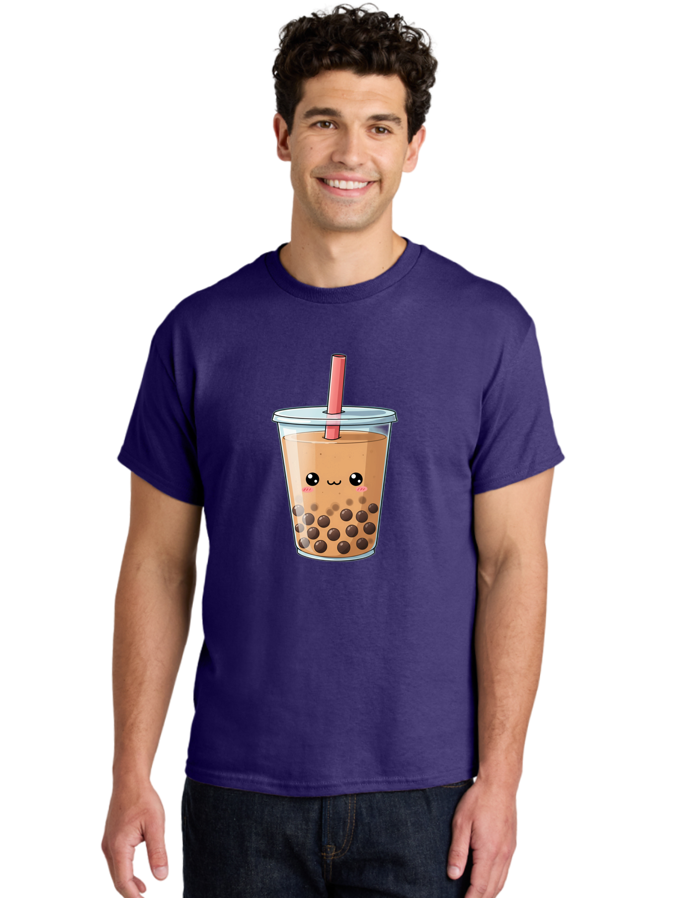 Bubble-Tea-5 Men'S Graphic Tee, 100% Cotton, Comfortable Casual Summer Wear, Machine Washable, Boba Tea, Milk Tea, Bubble Tea, Cute Drink, Cartoon Character, Adorable Face, Happy Expression, Brown Bubbles, Pink Straw, Iced Tea, Tea Culture, Bac707