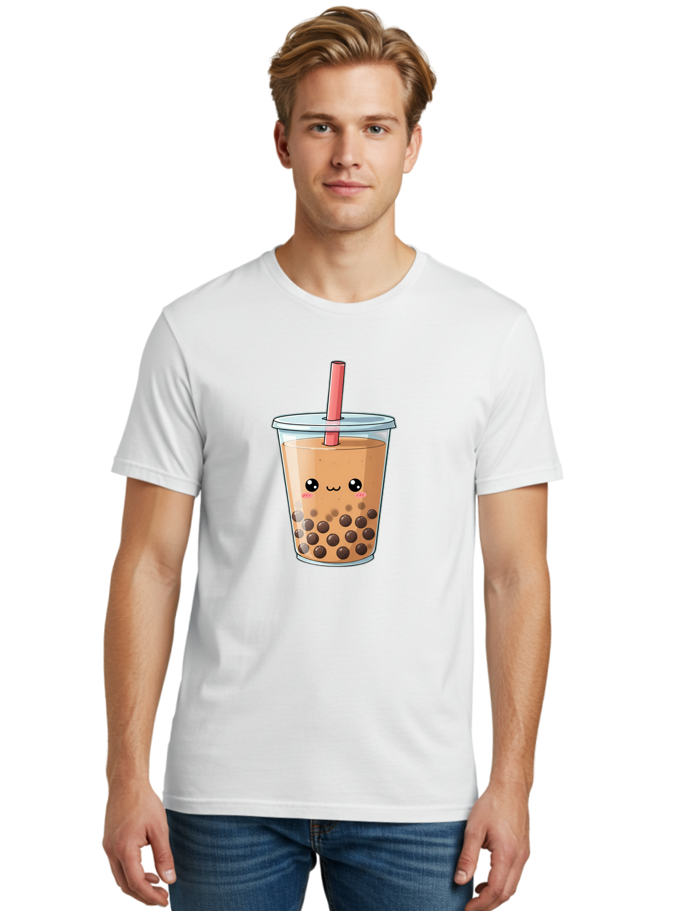Bubble-Tea-5 Men'S Graphic Tee, 100% Cotton, Comfortable Casual Summer Wear, Machine Washable, Boba Tea, Milk Tea, Bubble Tea, Cute Drink, Cartoon Character, Adorable Face, Happy Expression, Brown Bubbles, Pink Straw, Iced Tea, Tea Culture, Bac707