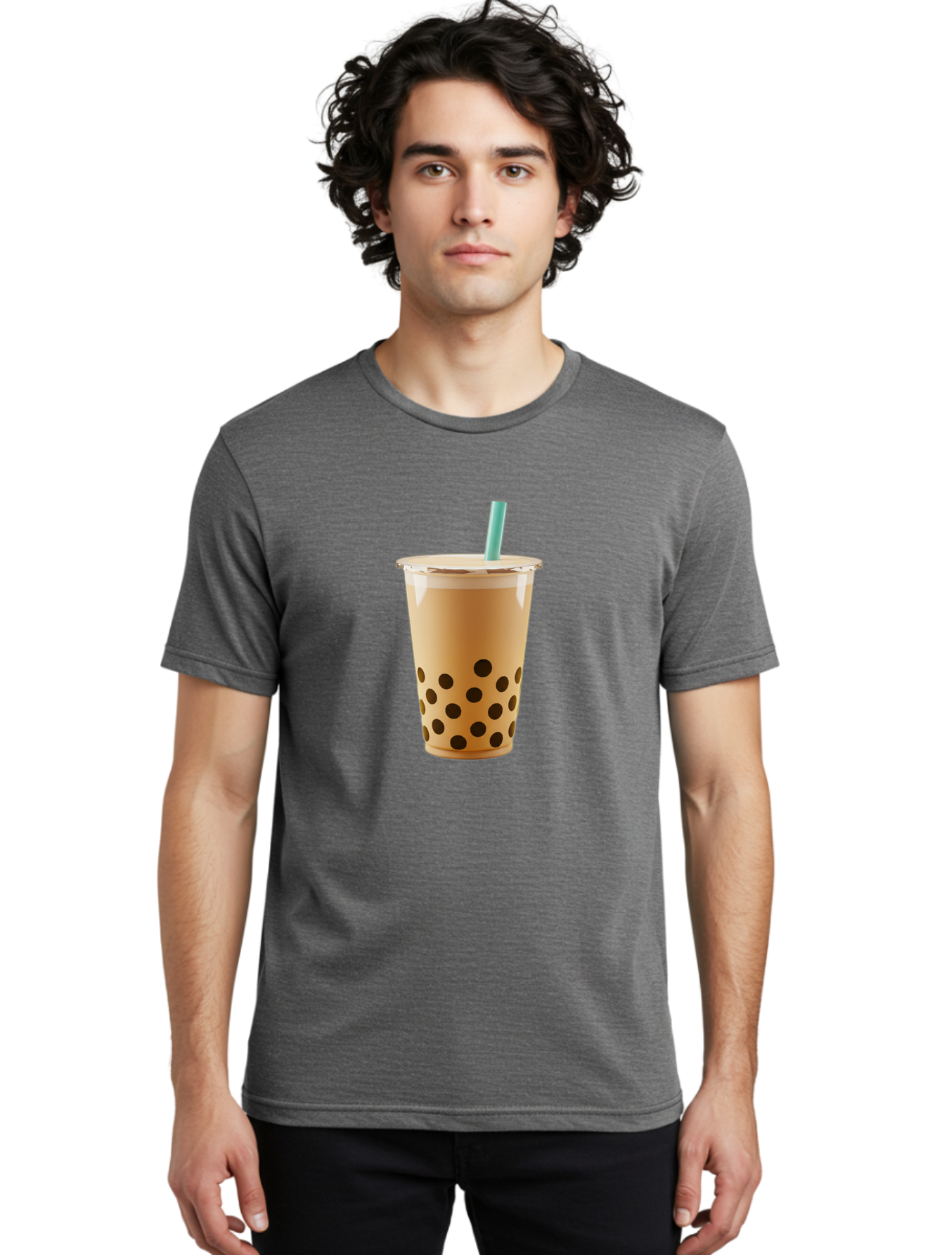 Bubble-Tea-7 Men'S Graphic Tee, 100% Cotton, Comfortable Casual Summer Wear, Machine Washable, Bubble Milk Tea, Boba Drink, Iced Tea, Creamy Texture, Black Tapioca Pearls, Takeout Cup, Blue Straw, Refreshing Beverage, Popular Drink Bac709