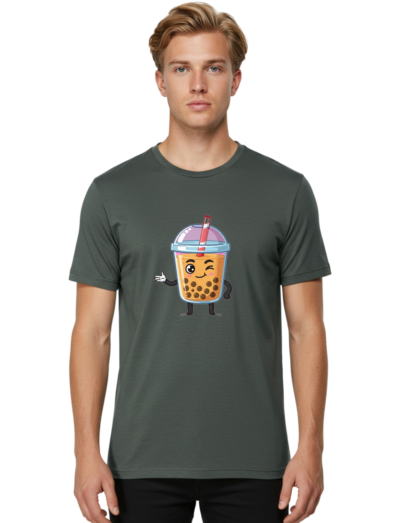 Bubble-Tea-Character Men'S Graphic Tee, 100% Cotton, Comfortable Casual Summer Wear, Machine Washable, Bubble Tea, Boba Drink, Cartoon Character, Cute Mascot, Smiling Face, Winking Eye, Straw, Boba Balls, Tea Cup, Drink Straw, Happy Face, Bac712