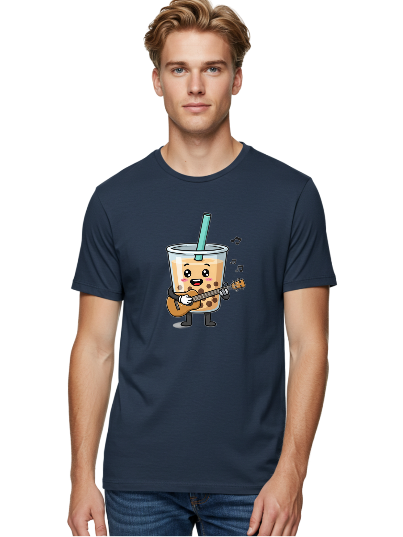 Bubble-Tea-With-Ukulele Men'S Graphic Tee, 100% Cotton, Comfortable Casual Summer Wear, Machine Washable, Boba Tea Playing Guitar, Cute Cartoon Character, Bubble Tea Mascot, Music Lover, Fun Beverage, Kawaii, Milk Tea, Quirky Illustration Bac713