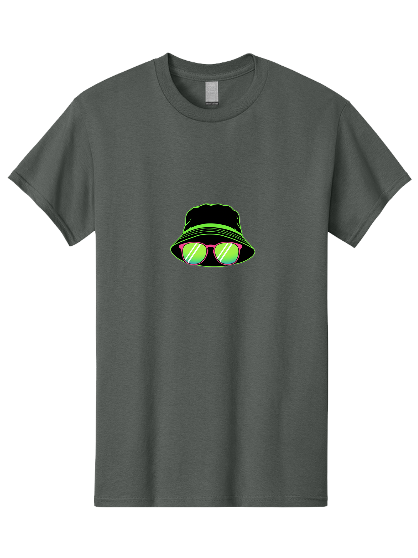 Bucket-Hat-Sunglasses Men'S Graphic Tee, 100% Cotton, Comfortable Casual Summer Wear, Machine Washable, Black Hat, Pink Sunglasses, Green Lenses, White Highlights, Stylish Accessory, Fashion Statement, Trendy Look, Cool Vibe, Hipster Style Bac718