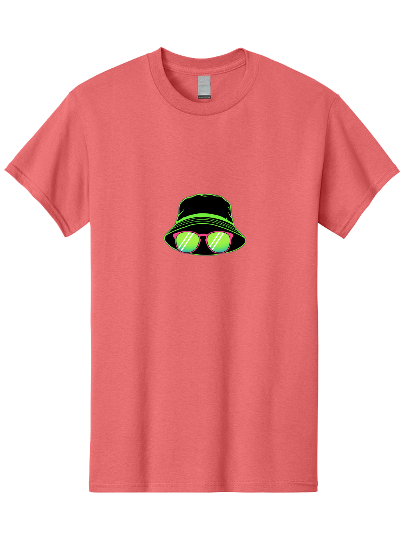 Bucket-Hat-Sunglasses Men'S Graphic Tee, 100% Cotton, Comfortable Casual Summer Wear, Machine Washable, Black Hat, Pink Sunglasses, Green Lenses, White Highlights, Stylish Accessory, Fashion Statement, Trendy Look, Cool Vibe, Hipster Style Bac718