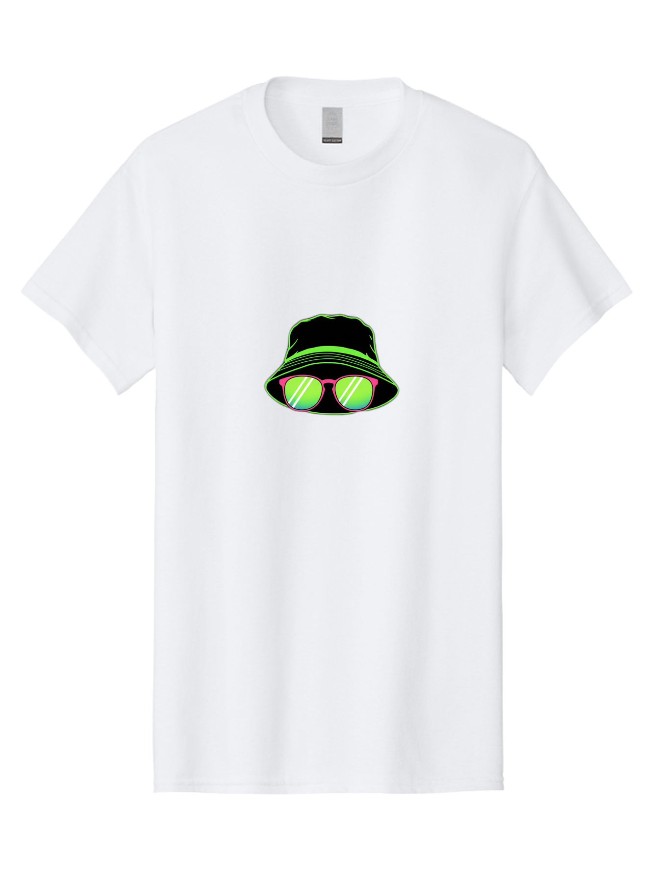 Bucket-Hat-Sunglasses Men'S Graphic Tee, 100% Cotton, Comfortable Casual Summer Wear, Machine Washable, Black Hat, Pink Sunglasses, Green Lenses, White Highlights, Stylish Accessory, Fashion Statement, Trendy Look, Cool Vibe, Hipster Style Bac718