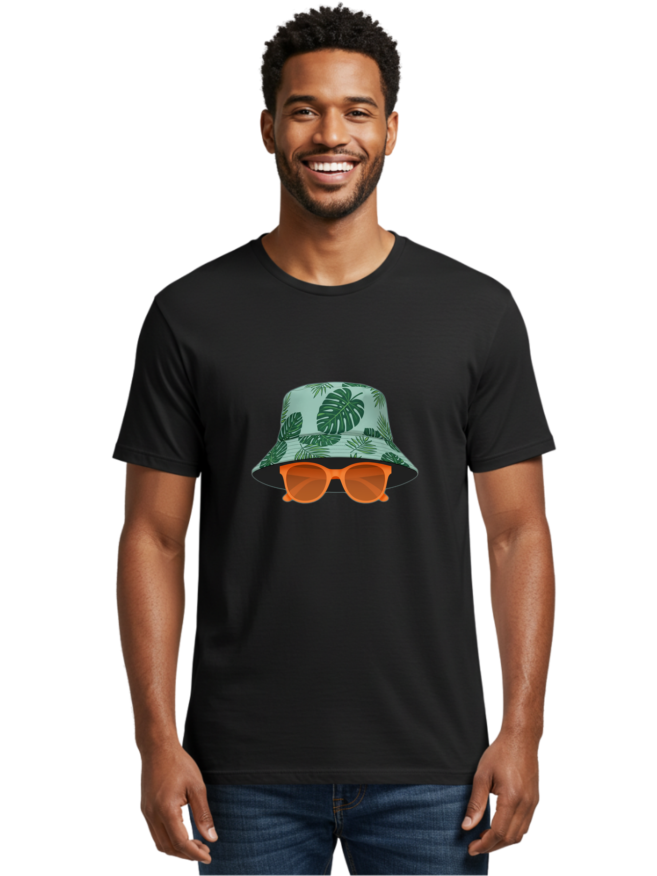 Bucket-Hat-With-Sunglasses Men'S Graphic Tee, 100% Cotton, Comfortable Casual Summer Wear, Machine Washable, Summer Fashion, Tropical Vibes, Stylish Accessories, Leaf Pattern, Fashionable Eyewear, Beachwear, Trendy Clothing, Orange Sunglasses, Bac719