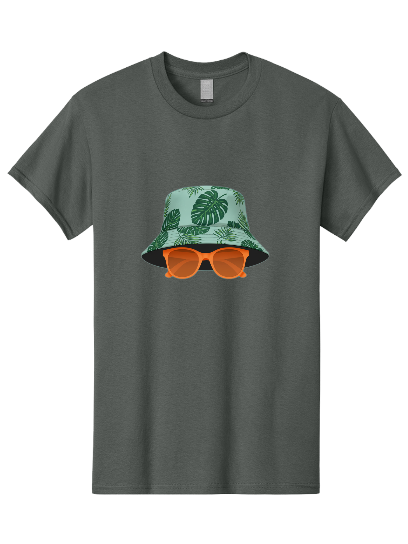 Bucket-Hat-With-Sunglasses Men'S Graphic Tee, 100% Cotton, Comfortable Casual Summer Wear, Machine Washable, Summer Fashion, Tropical Vibes, Stylish Accessories, Leaf Pattern, Fashionable Eyewear, Beachwear, Trendy Clothing, Orange Sunglasses, Bac719
