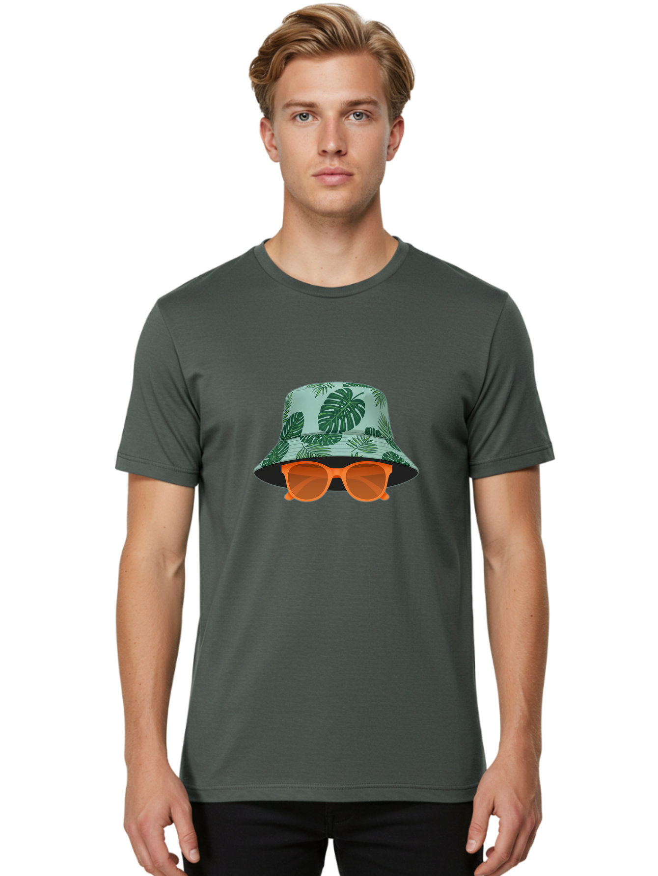 Bucket-Hat-With-Sunglasses Men'S Graphic Tee, 100% Cotton, Comfortable Casual Summer Wear, Machine Washable, Summer Fashion, Tropical Vibes, Stylish Accessories, Leaf Pattern, Fashionable Eyewear, Beachwear, Trendy Clothing, Orange Sunglasses, Bac719