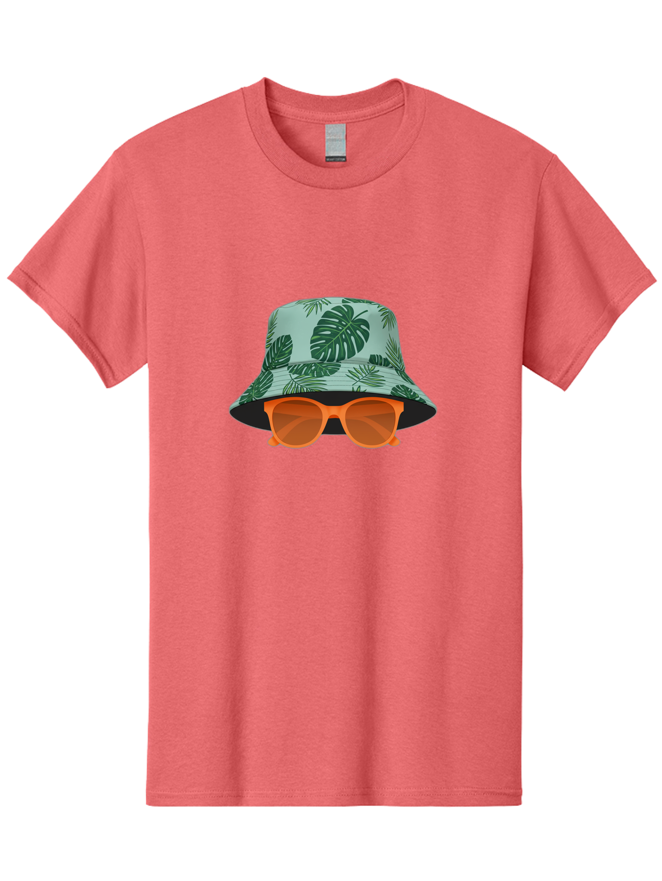 Bucket-Hat-With-Sunglasses Men'S Graphic Tee, 100% Cotton, Comfortable Casual Summer Wear, Machine Washable, Summer Fashion, Tropical Vibes, Stylish Accessories, Leaf Pattern, Fashionable Eyewear, Beachwear, Trendy Clothing, Orange Sunglasses, Bac719