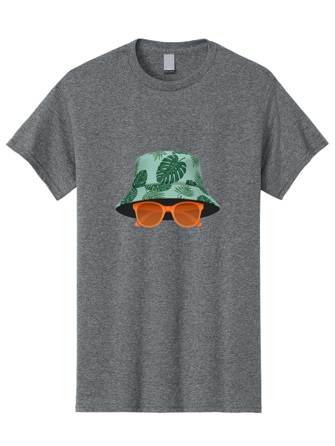 Bucket-Hat-With-Sunglasses Men'S Graphic Tee, 100% Cotton, Comfortable Casual Summer Wear, Machine Washable, Summer Fashion, Tropical Vibes, Stylish Accessories, Leaf Pattern, Fashionable Eyewear, Beachwear, Trendy Clothing, Orange Sunglasses, Bac719