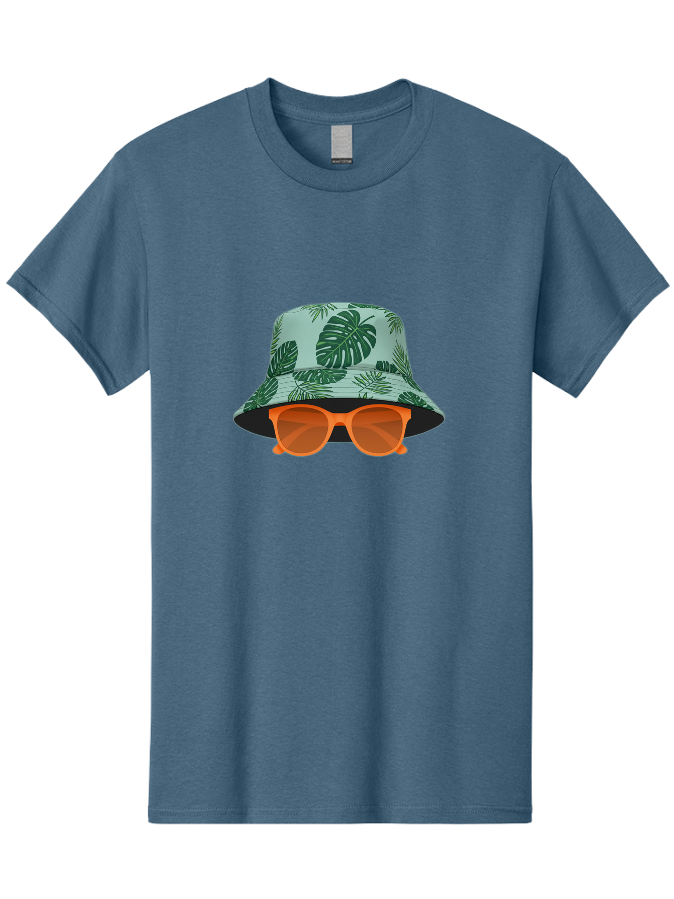 Bucket-Hat-With-Sunglasses Men'S Graphic Tee, 100% Cotton, Comfortable Casual Summer Wear, Machine Washable, Summer Fashion, Tropical Vibes, Stylish Accessories, Leaf Pattern, Fashionable Eyewear, Beachwear, Trendy Clothing, Orange Sunglasses, Bac719