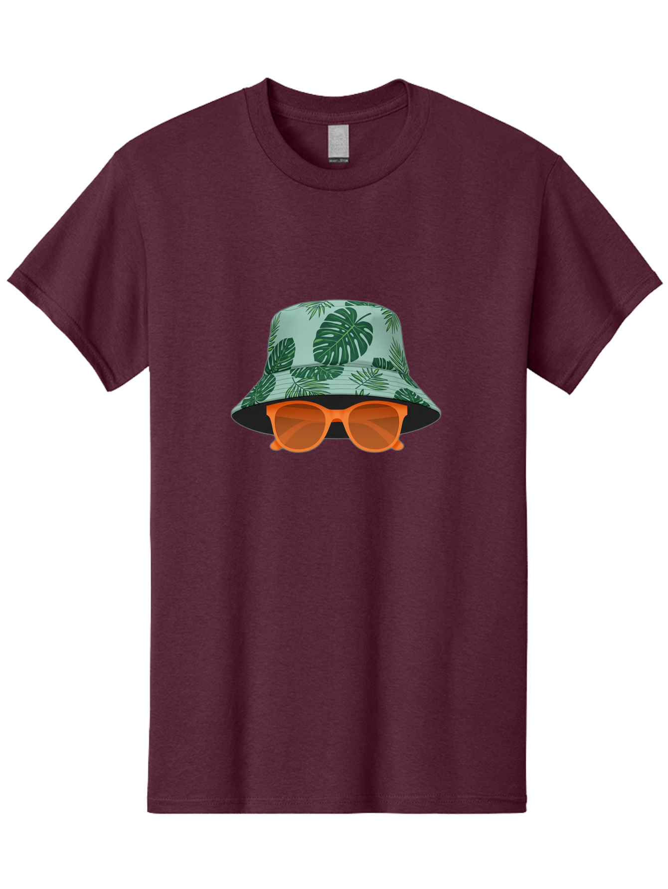 Bucket-Hat-With-Sunglasses Men'S Graphic Tee, 100% Cotton, Comfortable Casual Summer Wear, Machine Washable, Summer Fashion, Tropical Vibes, Stylish Accessories, Leaf Pattern, Fashionable Eyewear, Beachwear, Trendy Clothing, Orange Sunglasses, Bac719
