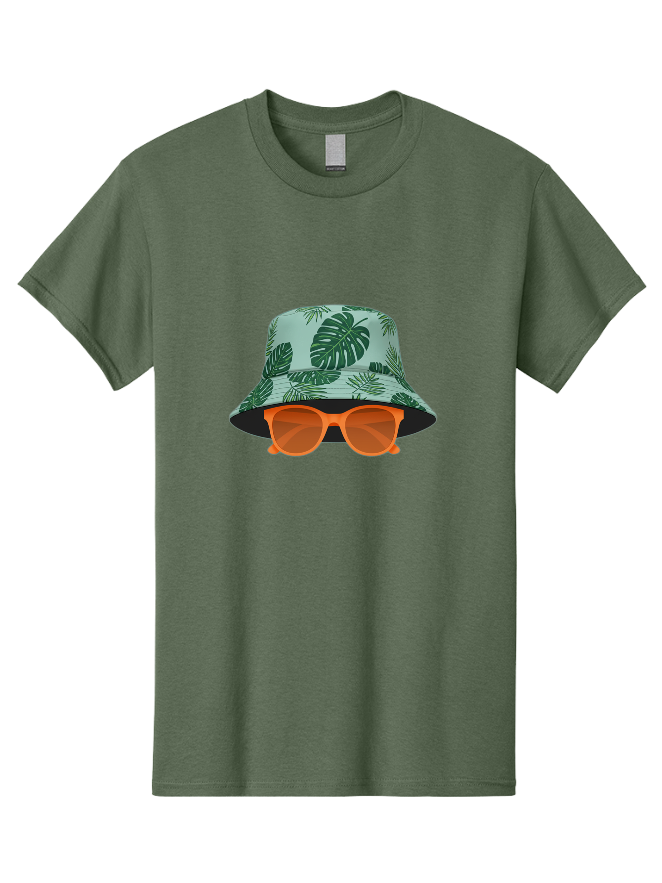 Bucket-Hat-With-Sunglasses Men'S Graphic Tee, 100% Cotton, Comfortable Casual Summer Wear, Machine Washable, Summer Fashion, Tropical Vibes, Stylish Accessories, Leaf Pattern, Fashionable Eyewear, Beachwear, Trendy Clothing, Orange Sunglasses, Bac719