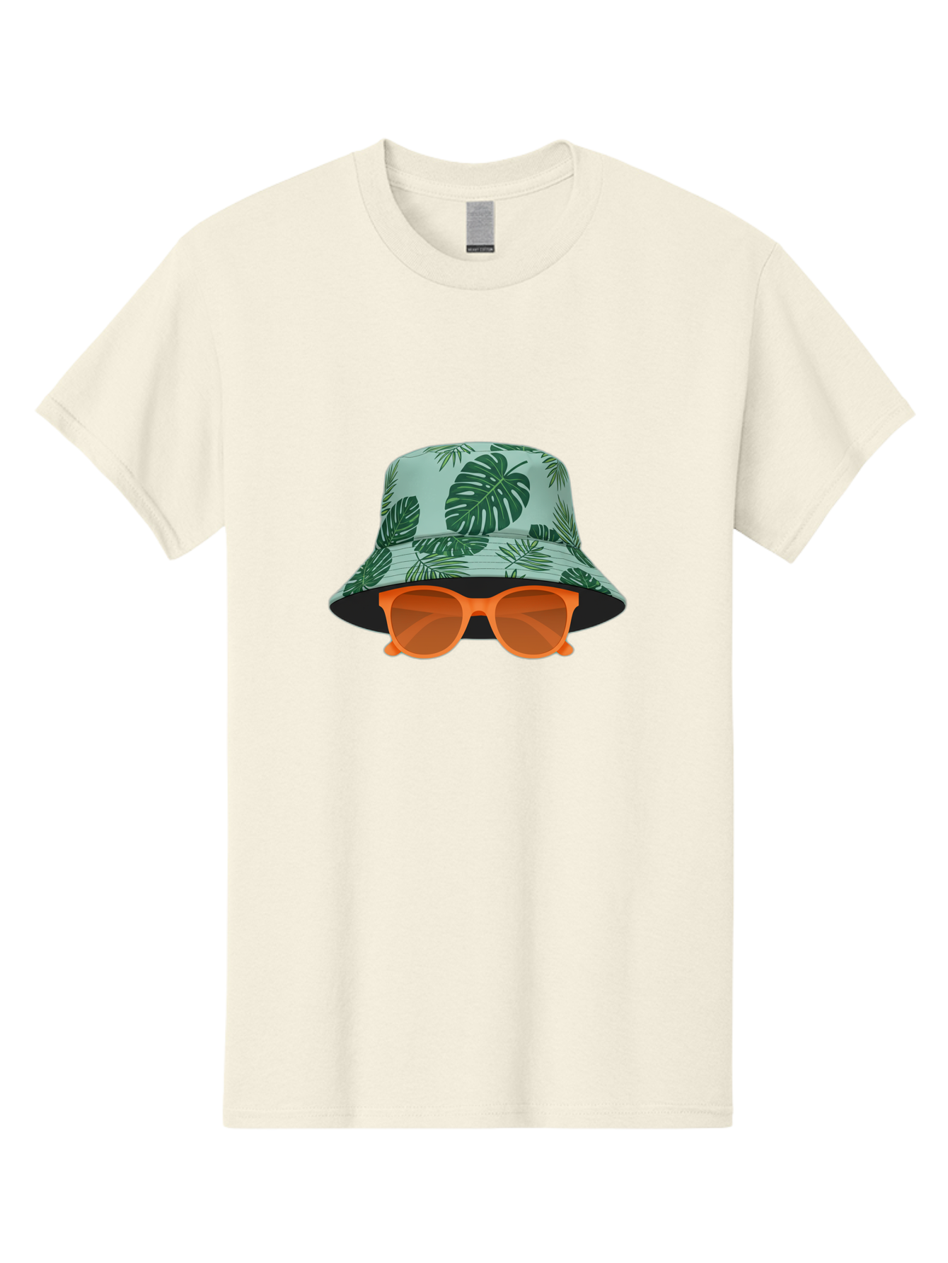 Bucket-Hat-With-Sunglasses Men'S Graphic Tee, 100% Cotton, Comfortable Casual Summer Wear, Machine Washable, Summer Fashion, Tropical Vibes, Stylish Accessories, Leaf Pattern, Fashionable Eyewear, Beachwear, Trendy Clothing, Orange Sunglasses, Bac719