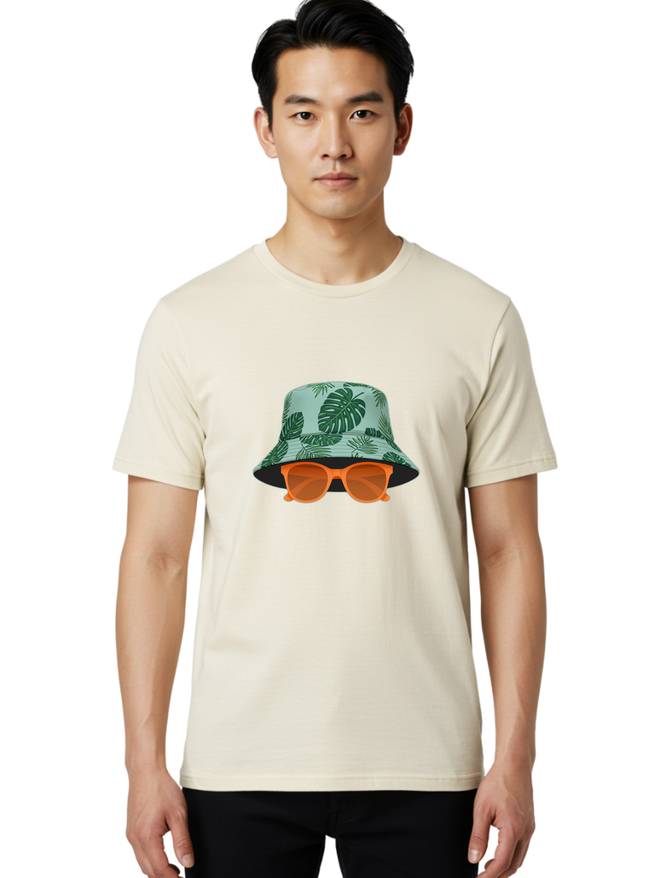 Bucket-Hat-With-Sunglasses Men'S Graphic Tee, 100% Cotton, Comfortable Casual Summer Wear, Machine Washable, Summer Fashion, Tropical Vibes, Stylish Accessories, Leaf Pattern, Fashionable Eyewear, Beachwear, Trendy Clothing, Orange Sunglasses, Bac719