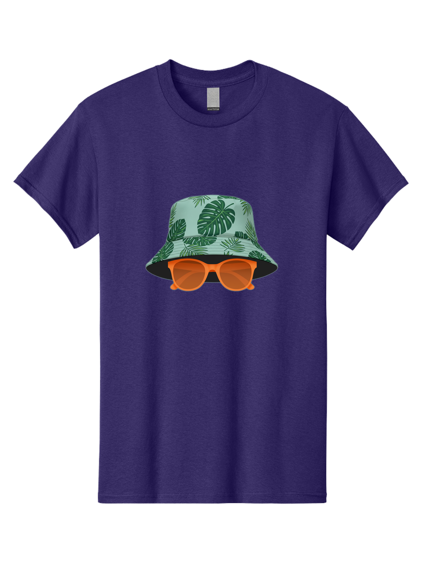 Bucket-Hat-With-Sunglasses Men'S Graphic Tee, 100% Cotton, Comfortable Casual Summer Wear, Machine Washable, Summer Fashion, Tropical Vibes, Stylish Accessories, Leaf Pattern, Fashionable Eyewear, Beachwear, Trendy Clothing, Orange Sunglasses, Bac719