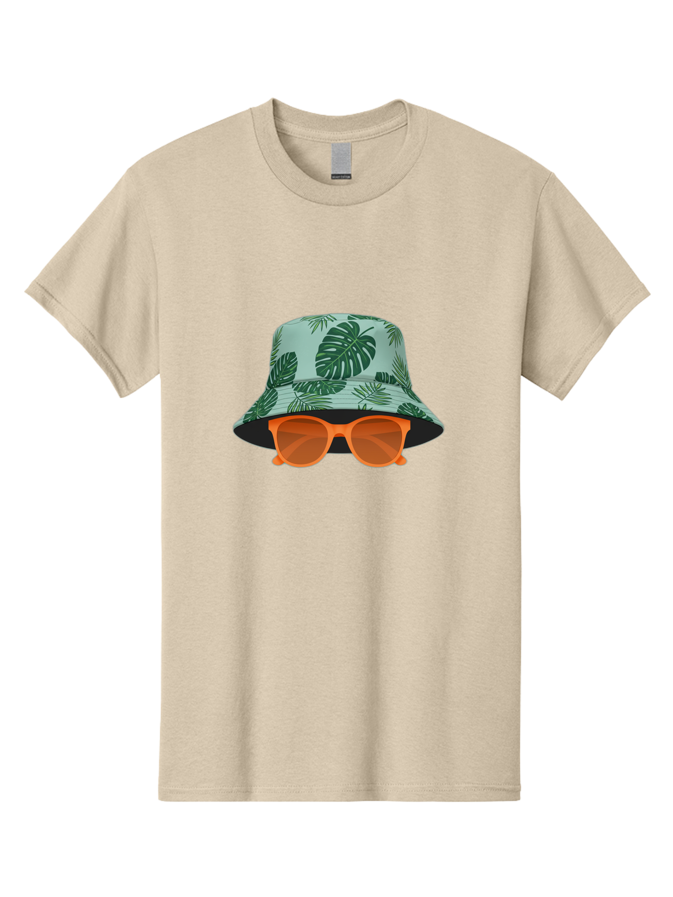 Bucket-Hat-With-Sunglasses Men'S Graphic Tee, 100% Cotton, Comfortable Casual Summer Wear, Machine Washable, Summer Fashion, Tropical Vibes, Stylish Accessories, Leaf Pattern, Fashionable Eyewear, Beachwear, Trendy Clothing, Orange Sunglasses, Bac719