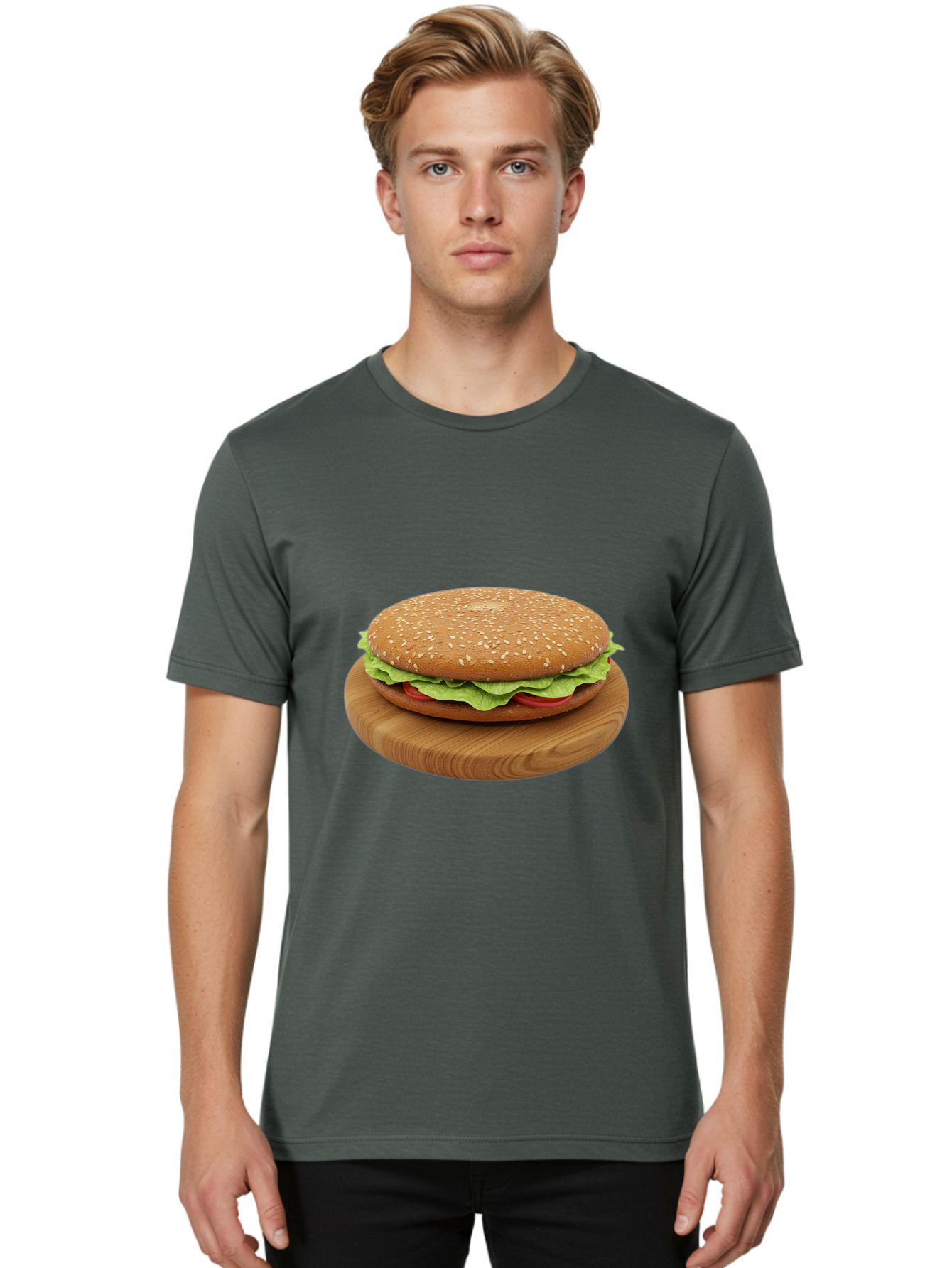 Burger-On-Chopping-Board Men'S Graphic Tee, 100% Cotton, Comfortable Casual Summer Wear, Machine Washable, Sesame Seed Bun, Lettuce, Tomato, Wooden Board, Gourmet Food, Meal Presentation, Appetizing Burger, Fast Food Bac720