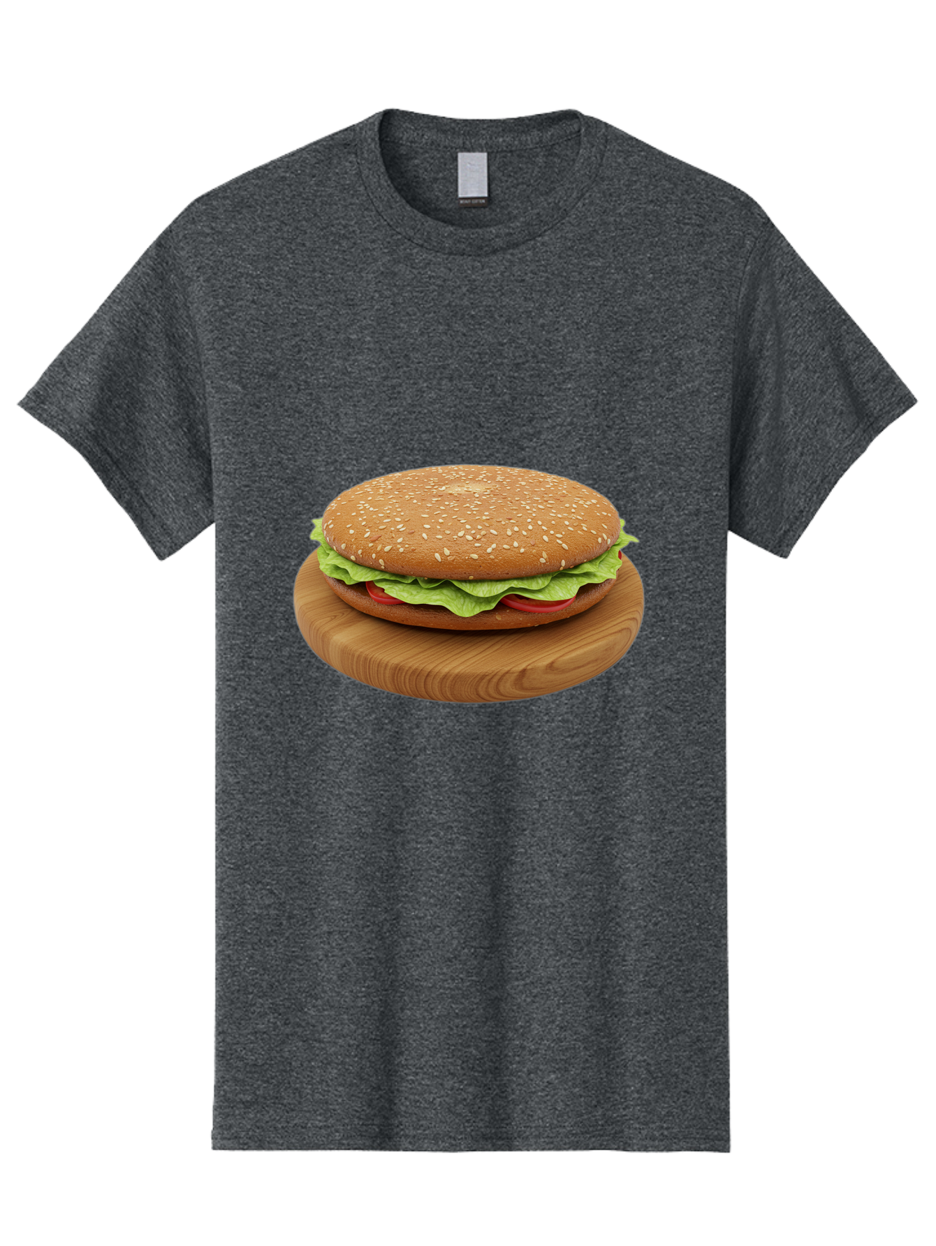 Burger-On-Chopping-Board Men'S Graphic Tee, 100% Cotton, Comfortable Casual Summer Wear, Machine Washable, Sesame Seed Bun, Lettuce, Tomato, Wooden Board, Gourmet Food, Meal Presentation, Appetizing Burger, Fast Food Bac720