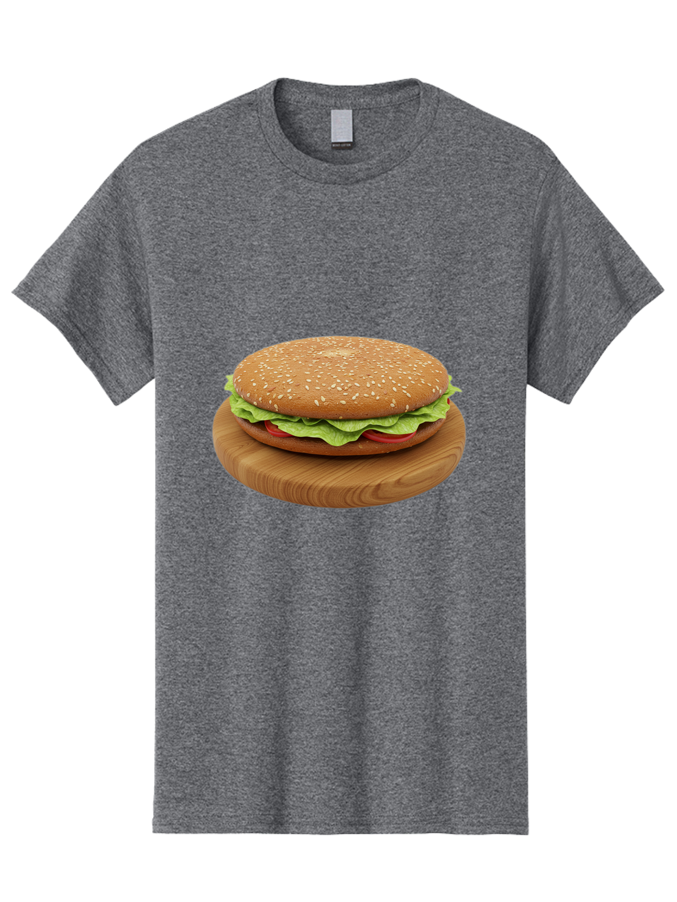 Burger-On-Chopping-Board Men'S Graphic Tee, 100% Cotton, Comfortable Casual Summer Wear, Machine Washable, Sesame Seed Bun, Lettuce, Tomato, Wooden Board, Gourmet Food, Meal Presentation, Appetizing Burger, Fast Food Bac720