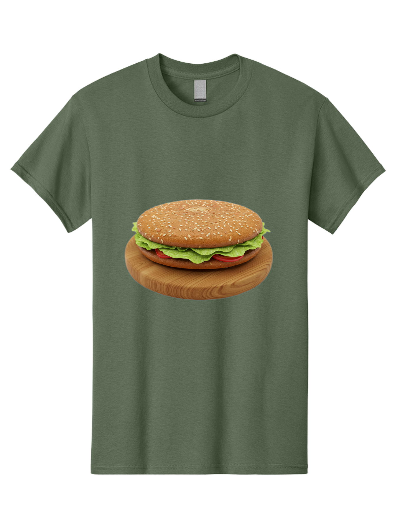 Burger-On-Chopping-Board Men'S Graphic Tee, 100% Cotton, Comfortable Casual Summer Wear, Machine Washable, Sesame Seed Bun, Lettuce, Tomato, Wooden Board, Gourmet Food, Meal Presentation, Appetizing Burger, Fast Food Bac720