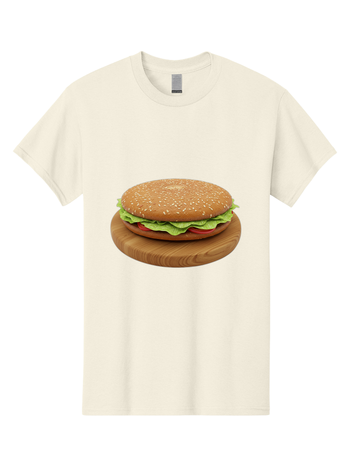 Burger-On-Chopping-Board Men'S Graphic Tee, 100% Cotton, Comfortable Casual Summer Wear, Machine Washable, Sesame Seed Bun, Lettuce, Tomato, Wooden Board, Gourmet Food, Meal Presentation, Appetizing Burger, Fast Food Bac720