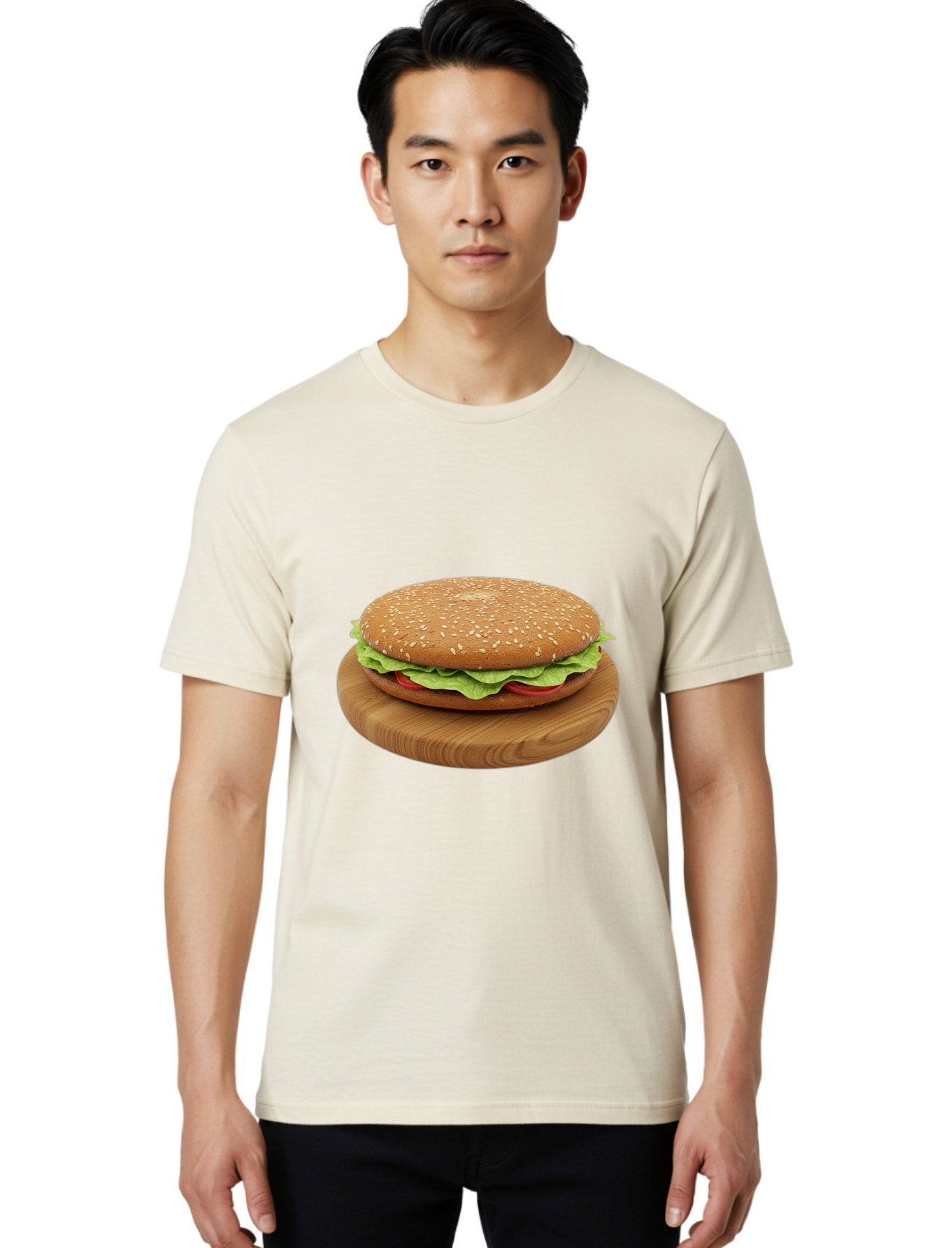 Burger-On-Chopping-Board Men'S Graphic Tee, 100% Cotton, Comfortable Casual Summer Wear, Machine Washable, Sesame Seed Bun, Lettuce, Tomato, Wooden Board, Gourmet Food, Meal Presentation, Appetizing Burger, Fast Food Bac720