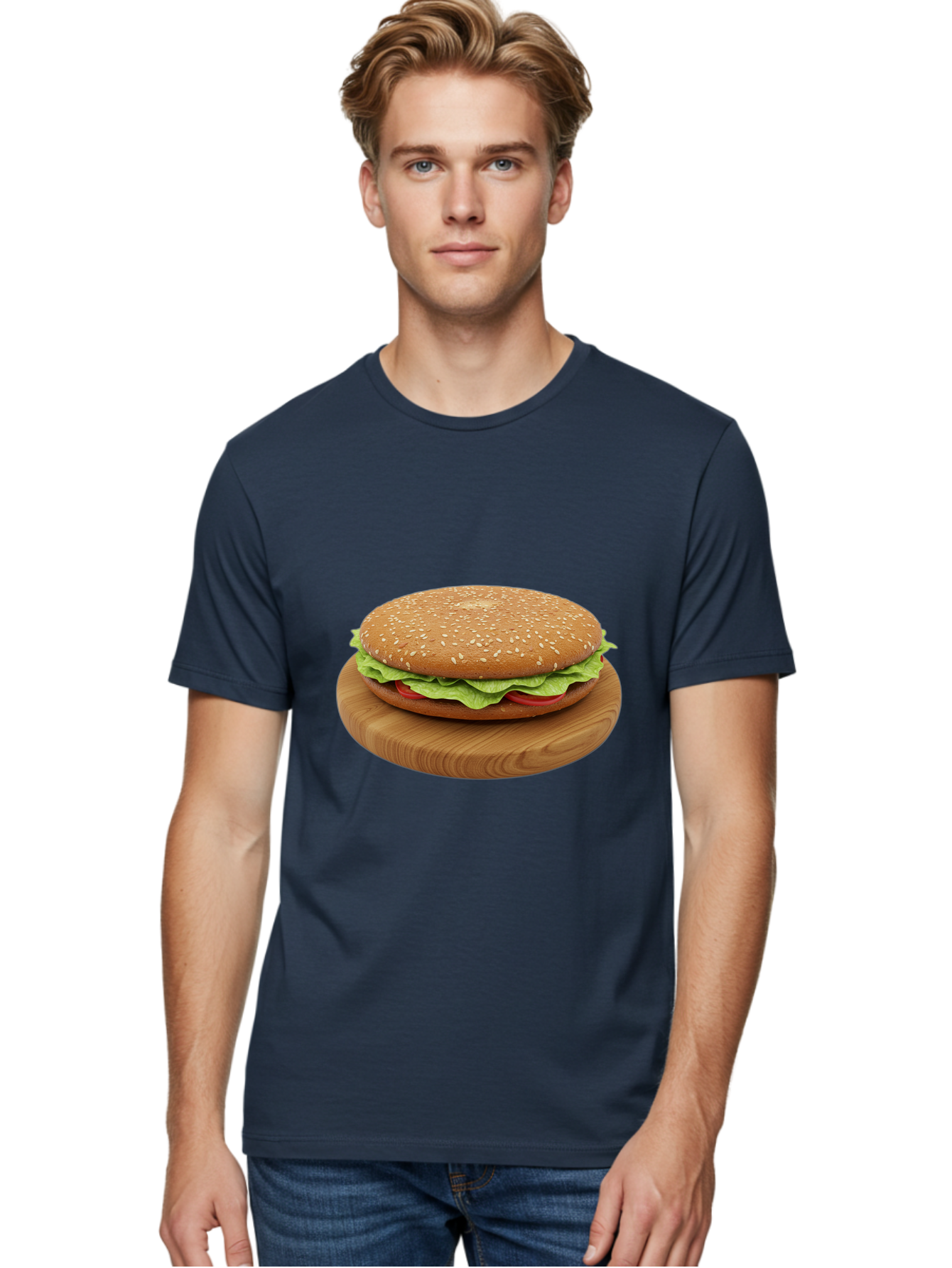 Burger-On-Chopping-Board Men'S Graphic Tee, 100% Cotton, Comfortable Casual Summer Wear, Machine Washable, Sesame Seed Bun, Lettuce, Tomato, Wooden Board, Gourmet Food, Meal Presentation, Appetizing Burger, Fast Food Bac720